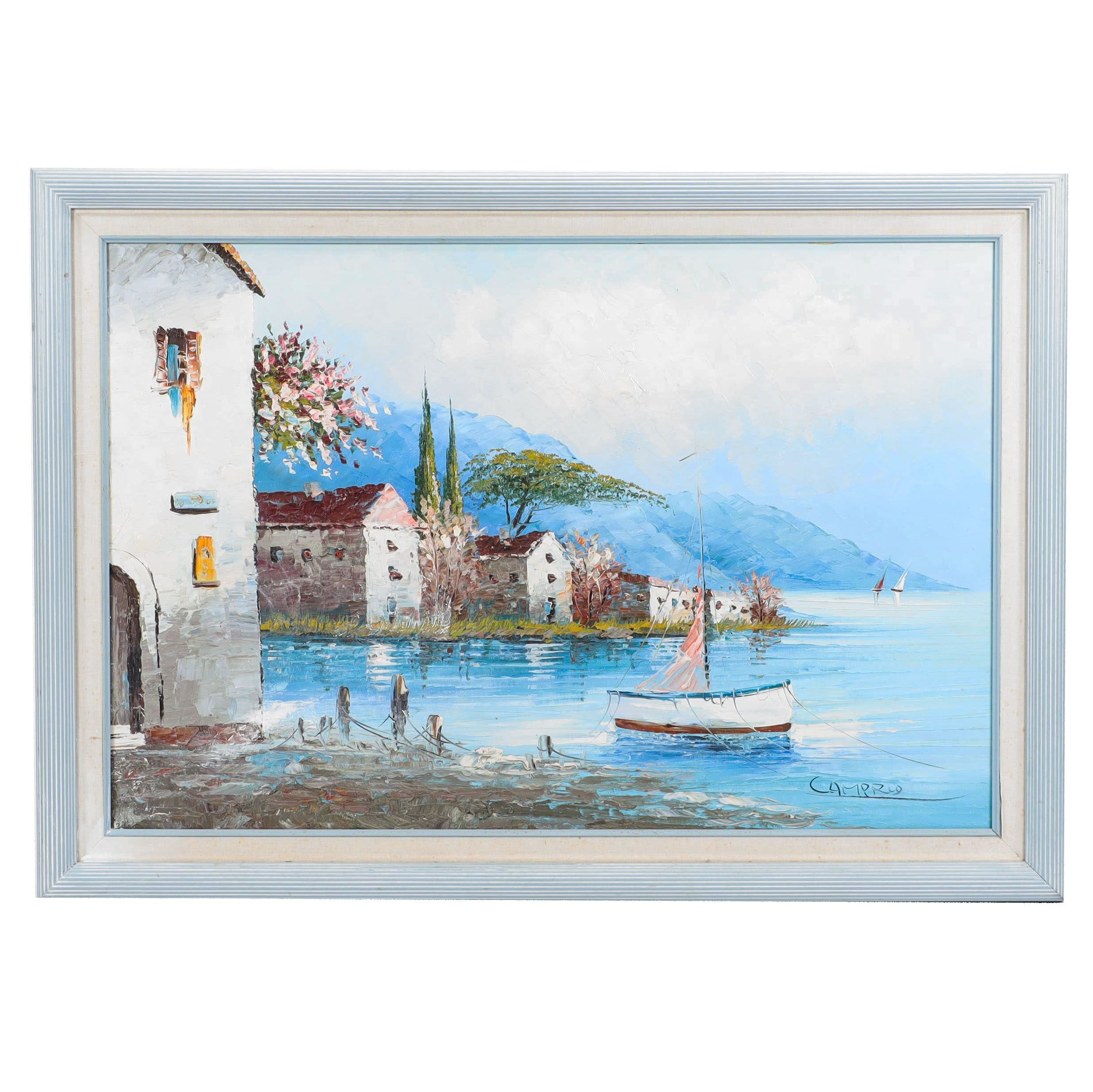 Oil Painting of Mediterranean Harbor Scene