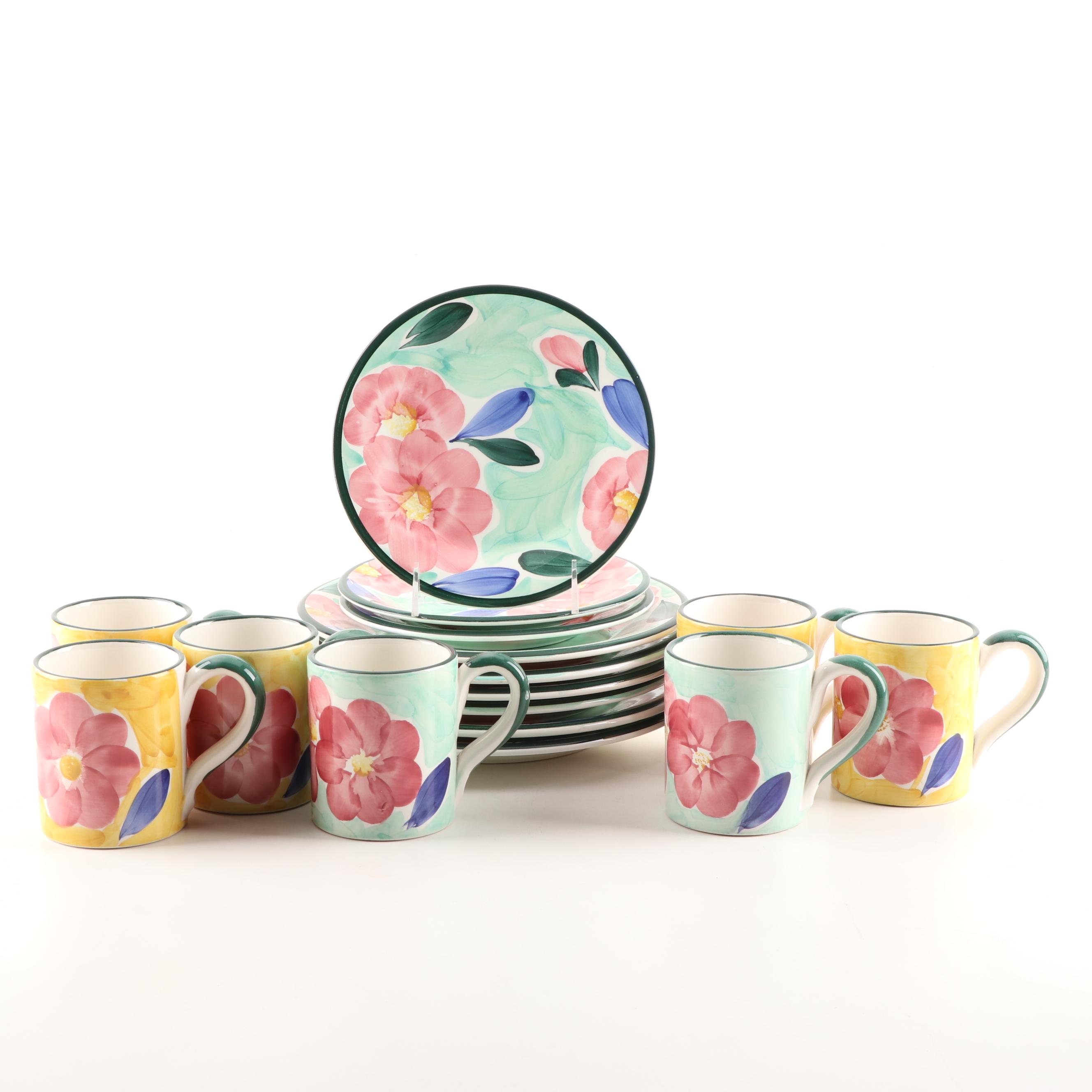 Hand-Painted Italian Ceramica San Marciano Green and Yellow Dinnerware