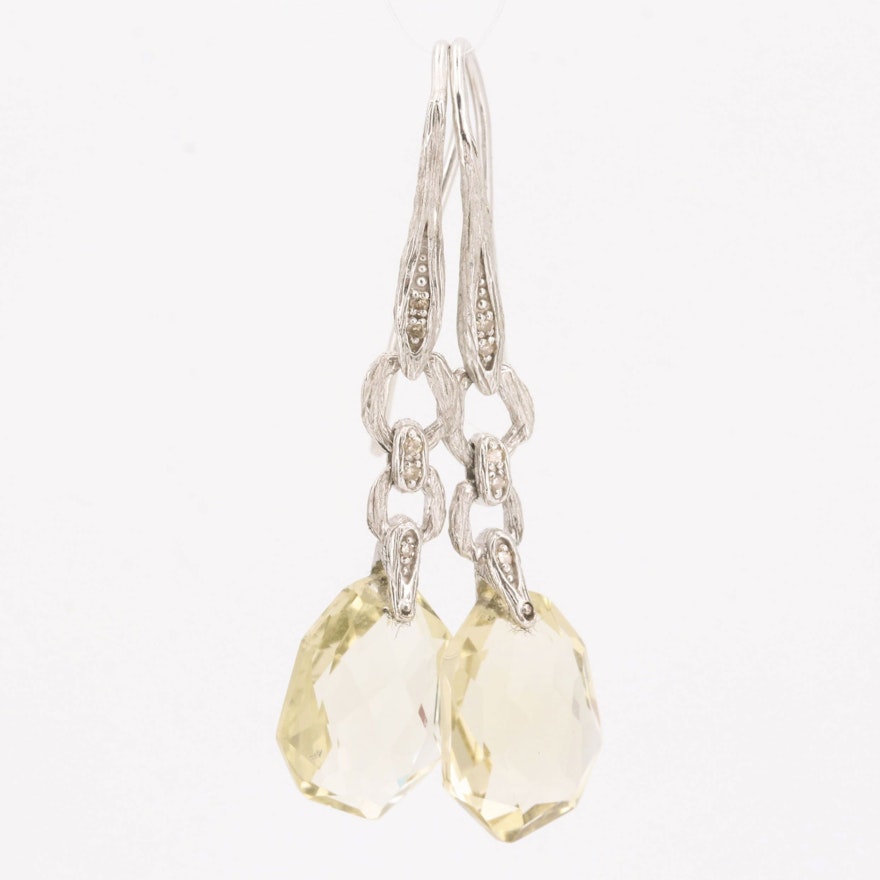 10K White Gold Lime Quartz and Diamond Dangle Earrings
