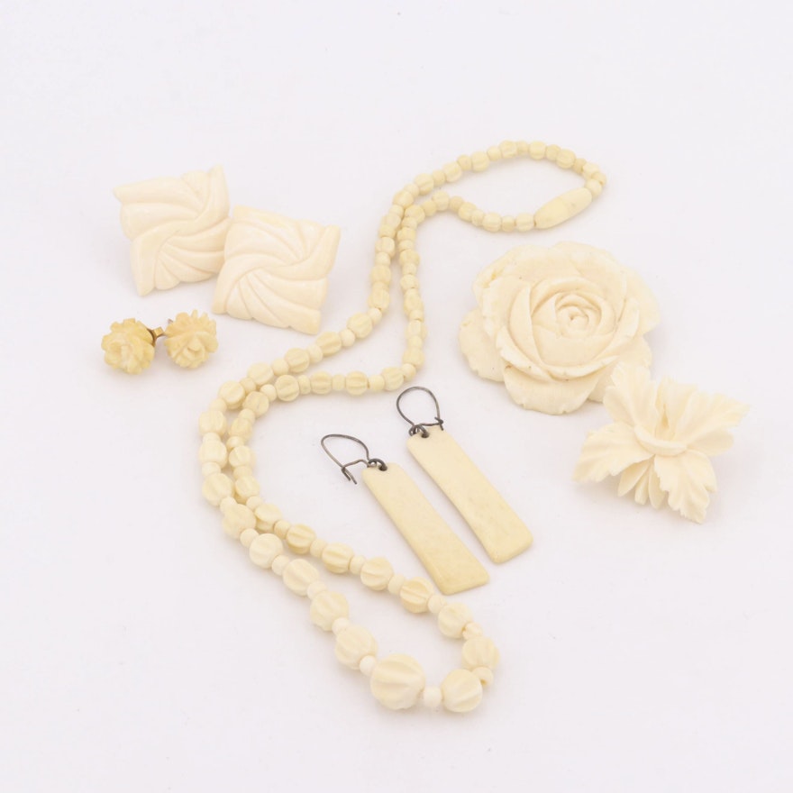 Carved Bone Earrings and Necklace with 10K and 14K Yellow Gold