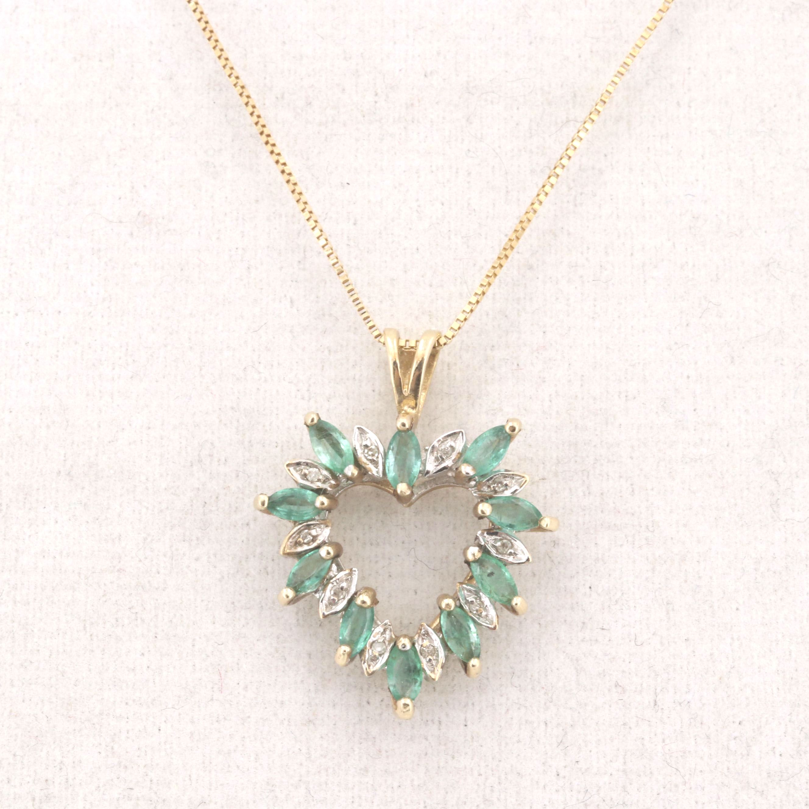 14K Yellow Gold Necklace Heart Pendant with Emeralds and Diamonds