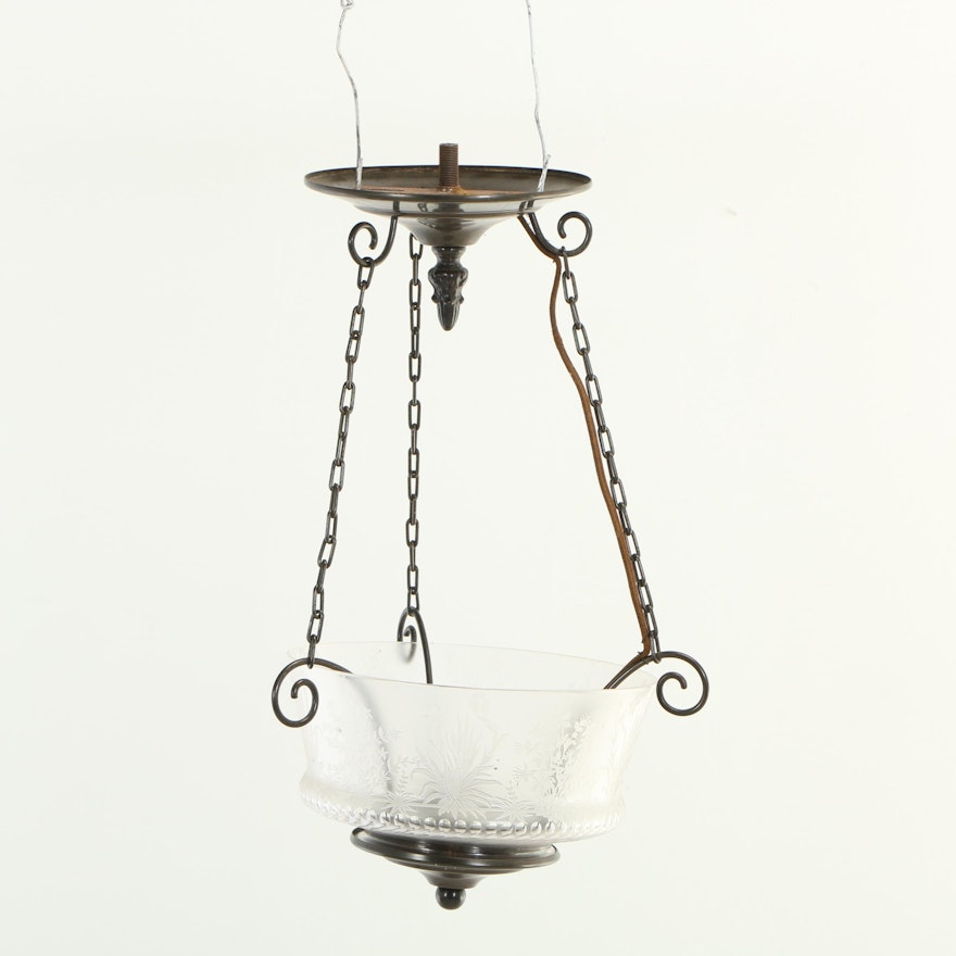 Etched Glass and Metal Hanging Light Pendant with Floral Motif