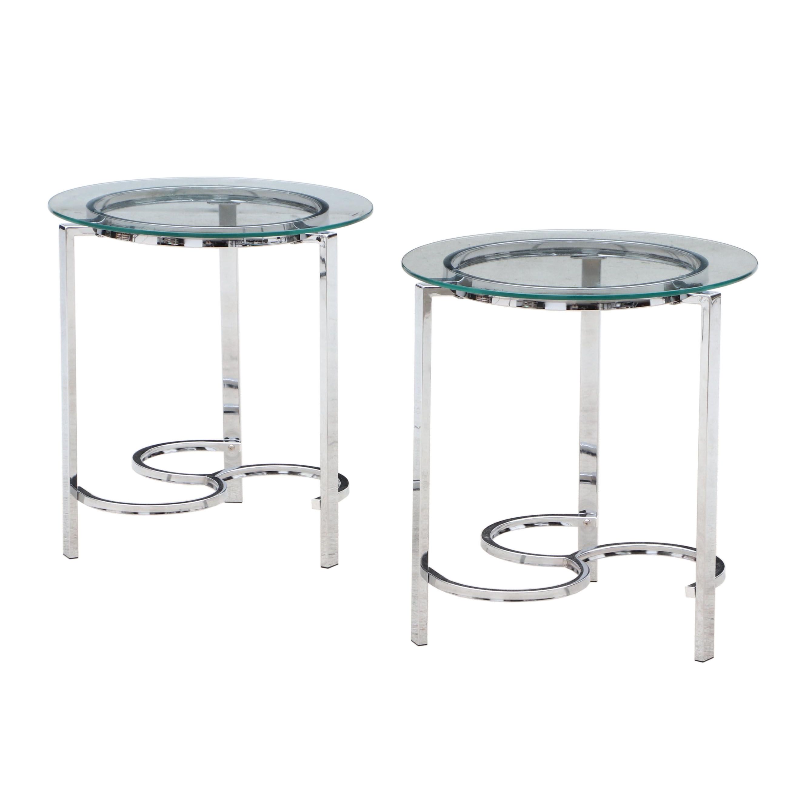 Contemporary Round Glass Side Tables with Chrome Steel Base