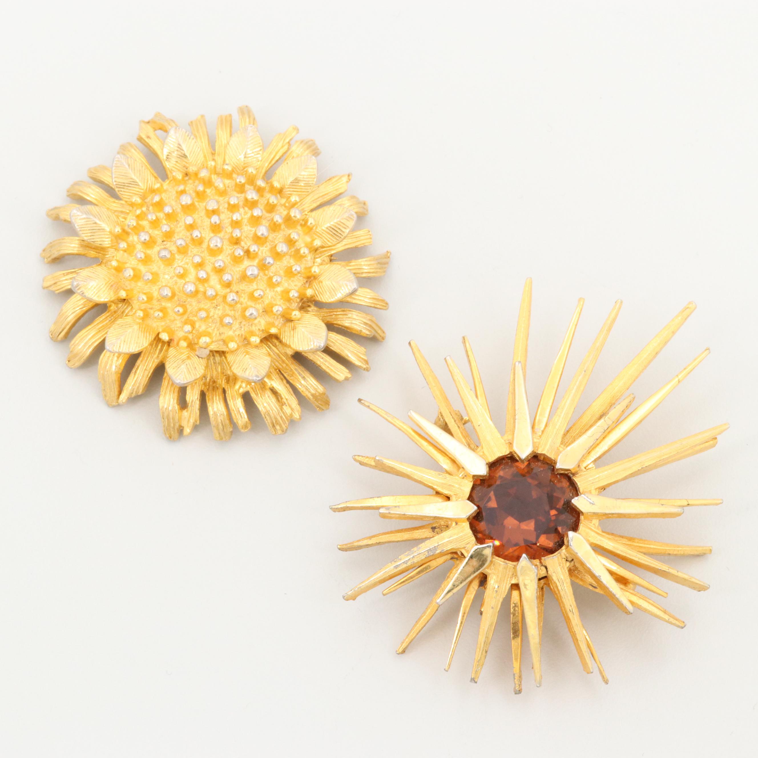 Circa 1950s Schiaparelli Sunburst and Castlecliff Sunflower Brooches