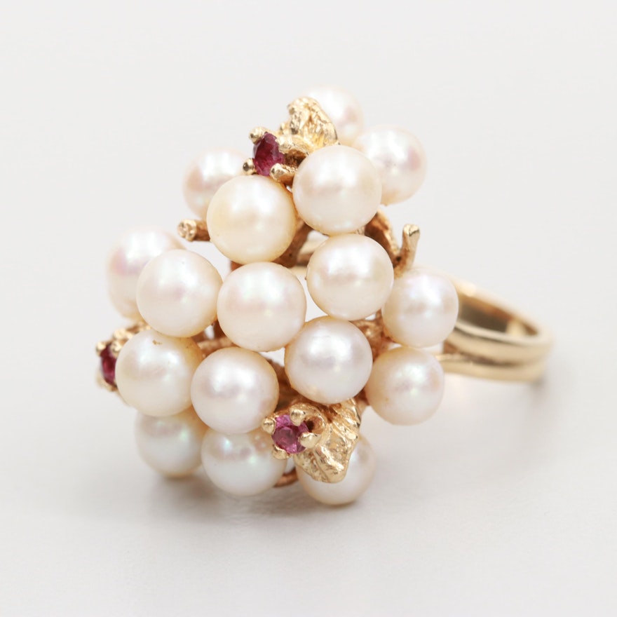 14K Yellow Gold Ruby and Cultured Pearl Cluster Ring