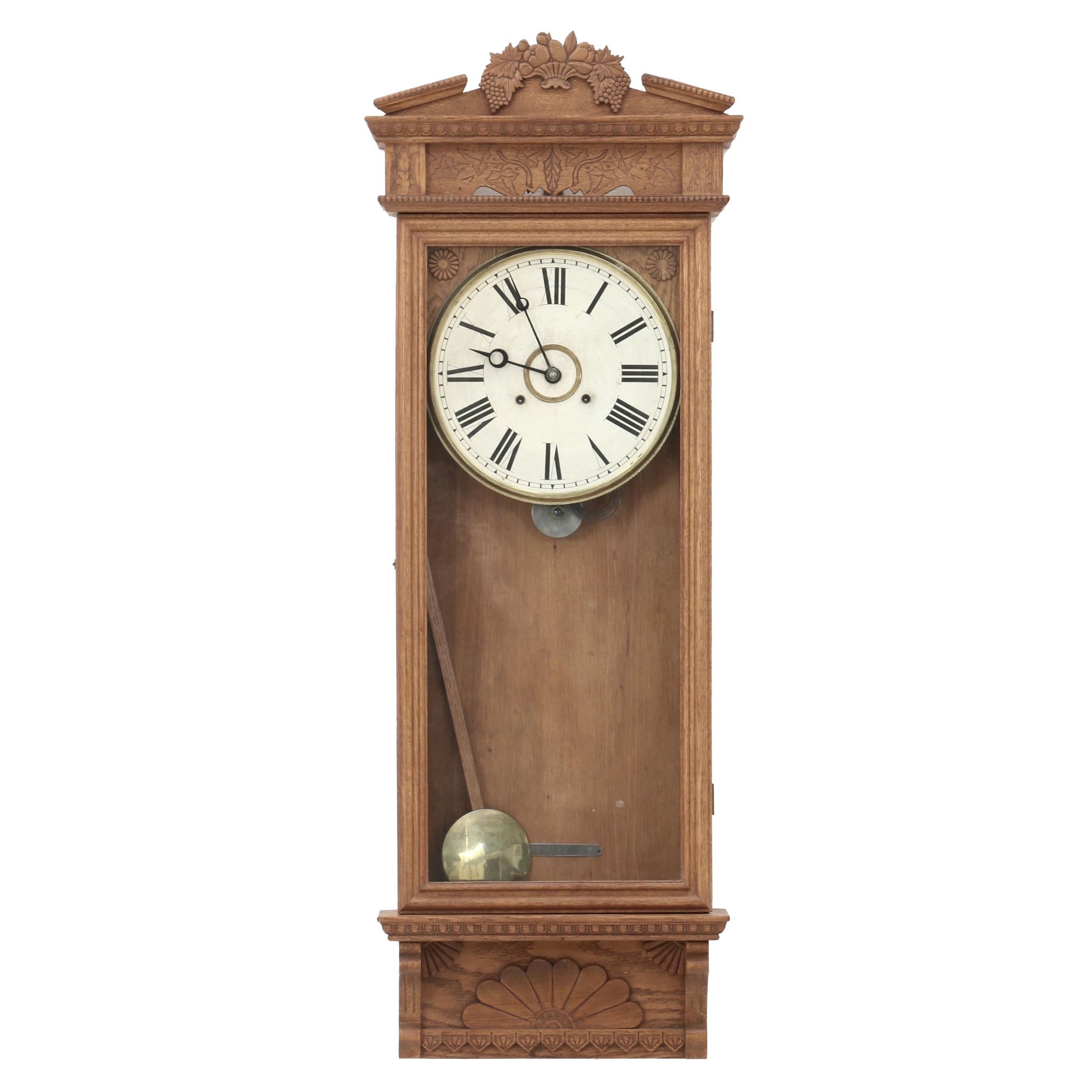 George B. Owen Victorian Oak Pendulum Wall Clock, Late 19th Century