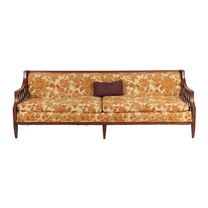 Hollywood Regency Walnut Finish Floral Upholstered Sofa, Mid-Century