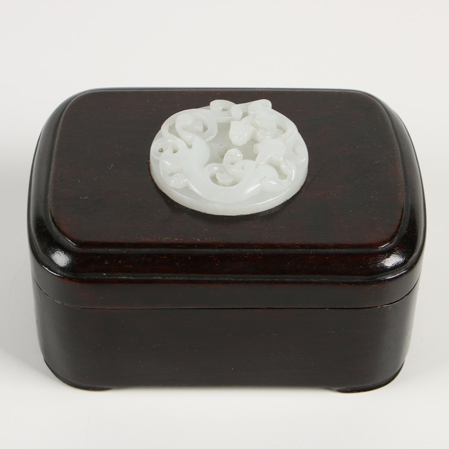 Chinese Carved Bowenite Medallion on Carved Wood Box