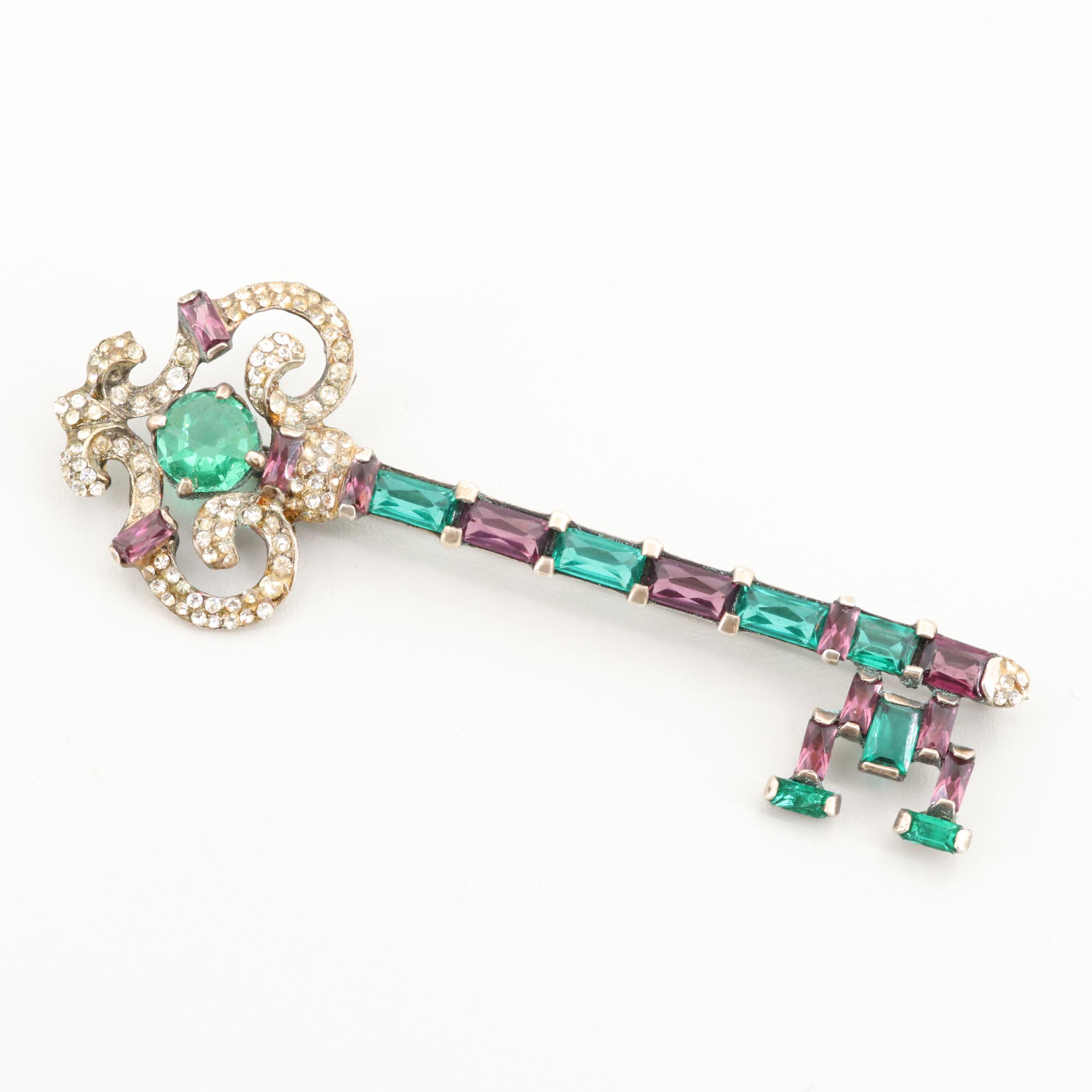 Vintage Nordic Sterling Rhinestone Key Brooch