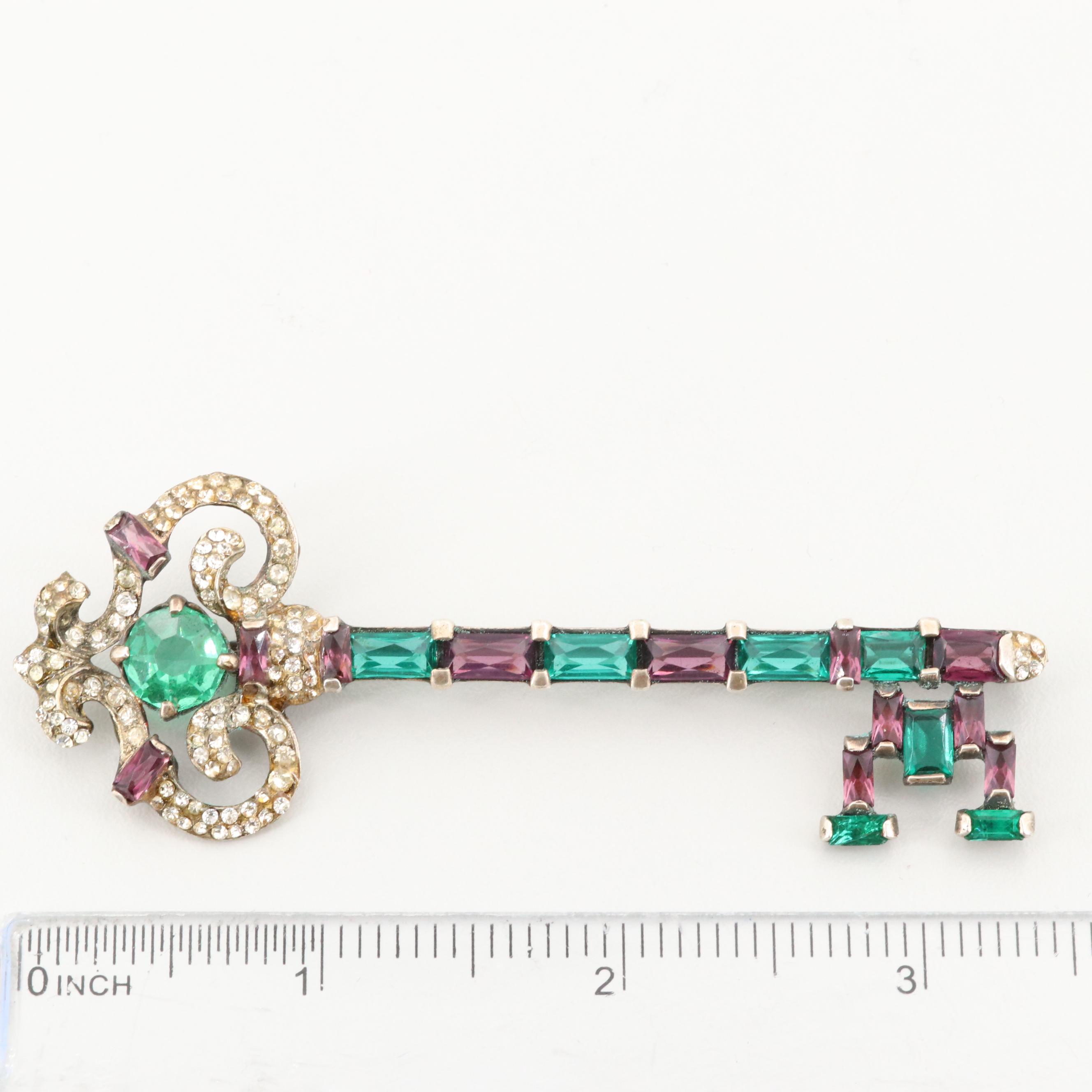 Vintage Nordic Sterling Rhinestone Key Brooch