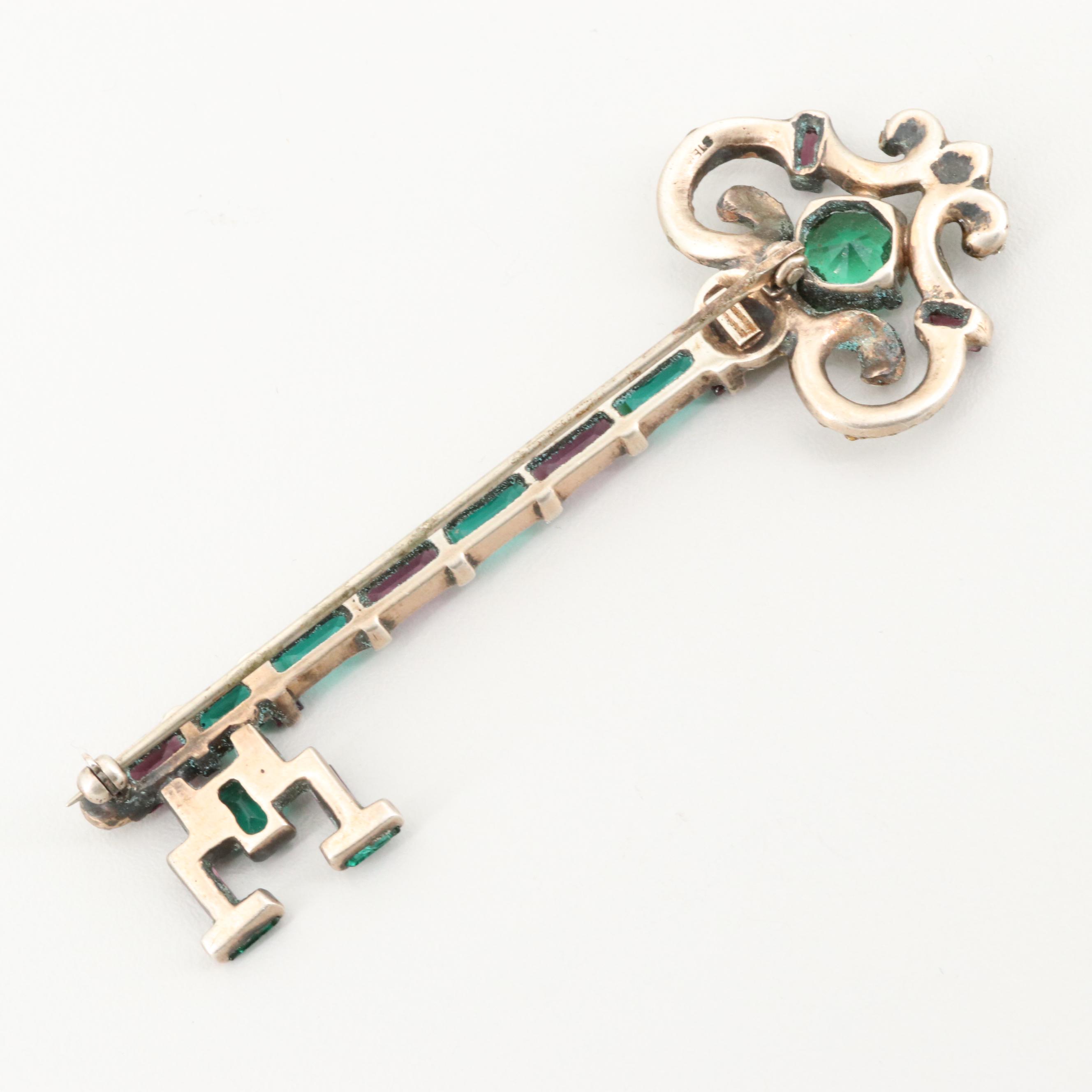 Vintage Nordic Sterling Rhinestone Key Brooch