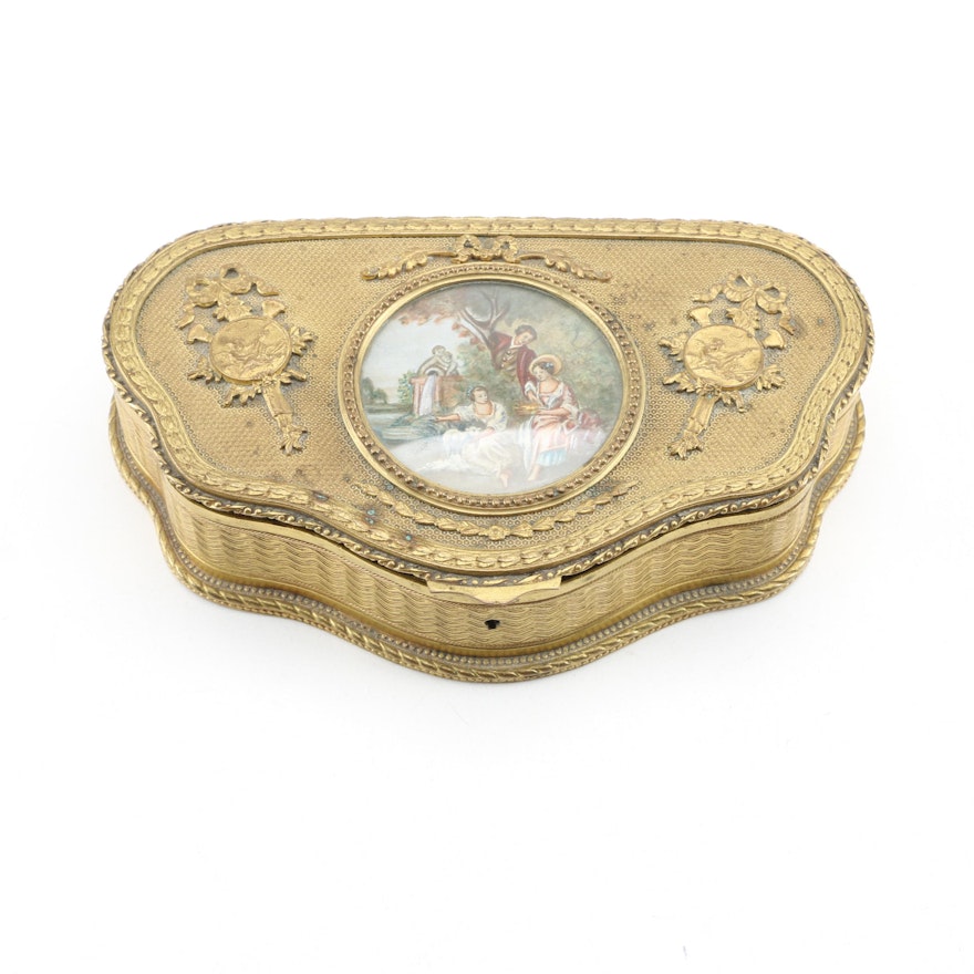 French Doré Metal Trinket Box with Gouache Painted Insert