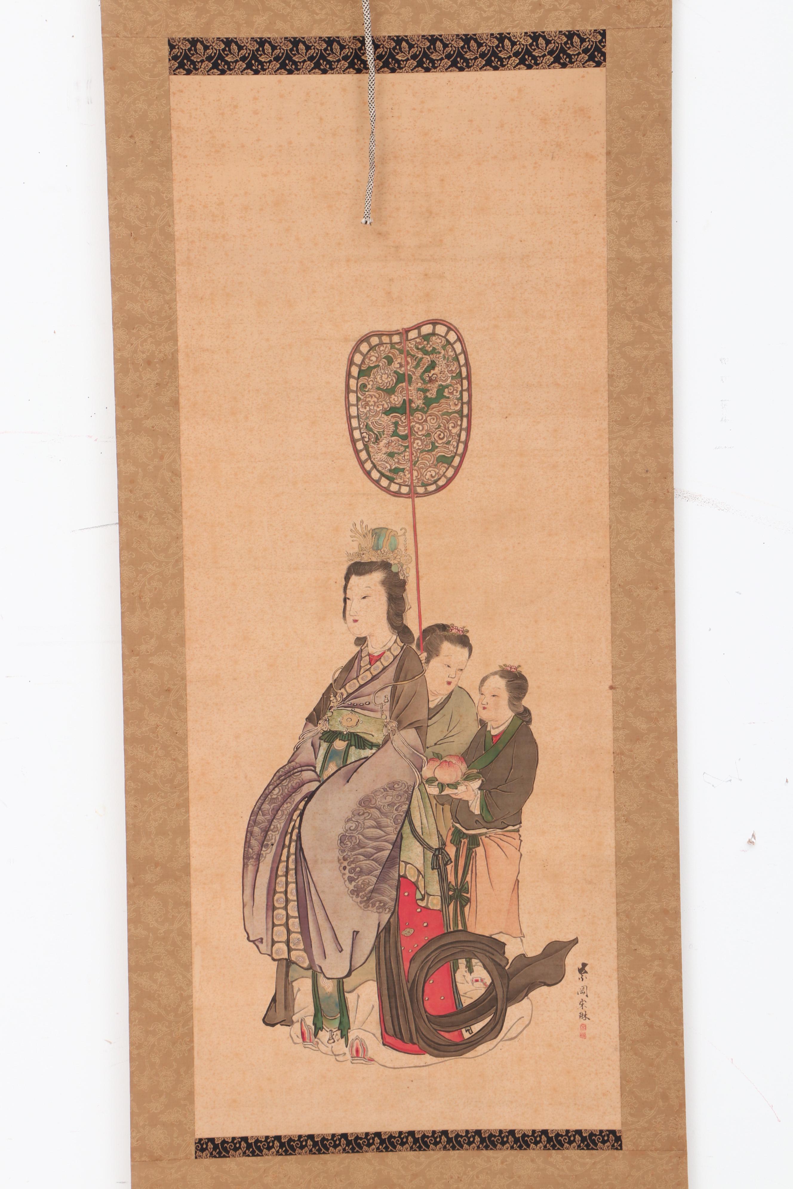 Chinese Hand Painted Hanging Scroll of Woman and her Attendants