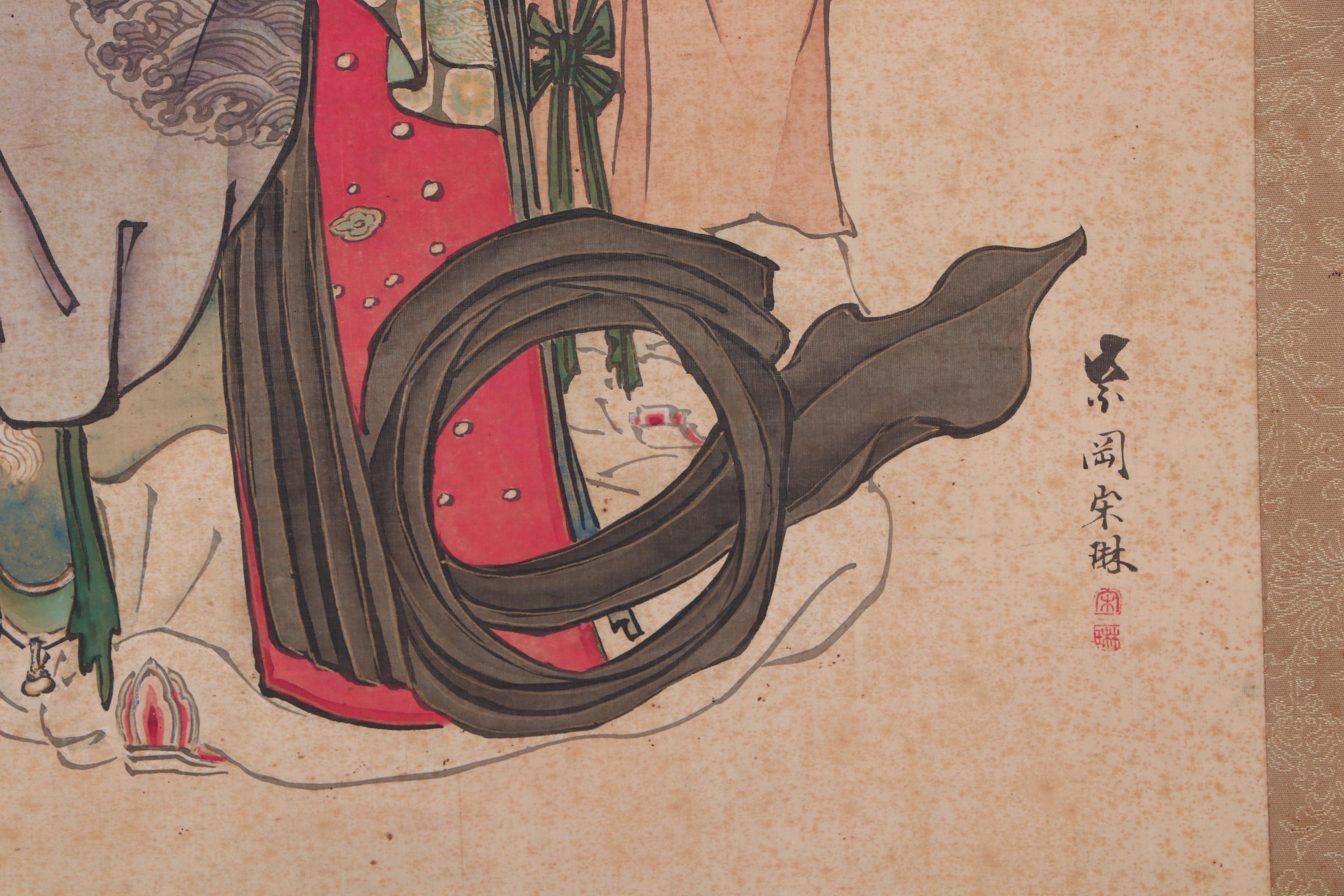 Chinese Hand Painted Hanging Scroll of Woman and her Attendants