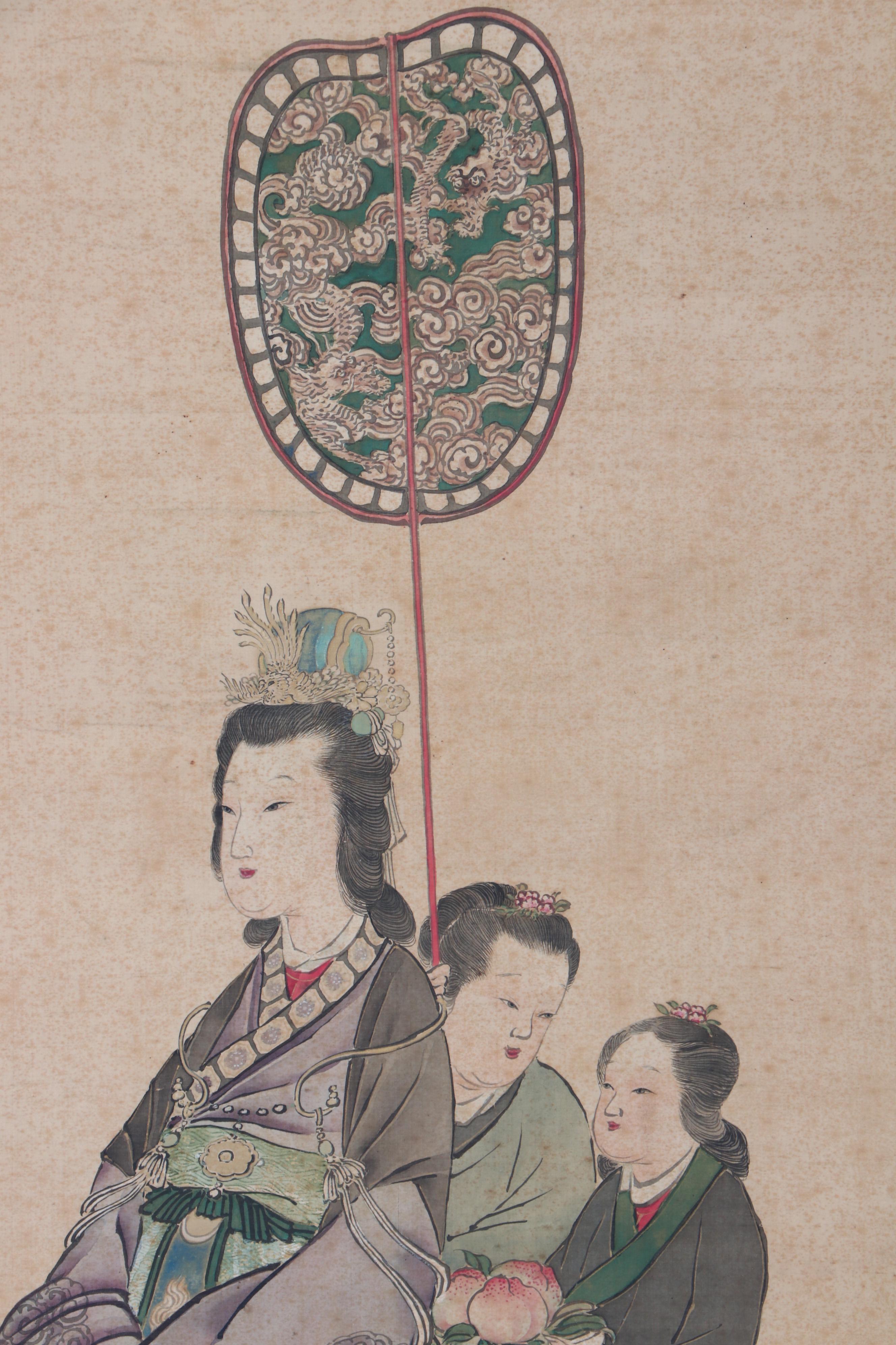 Chinese Hand Painted Hanging Scroll of Woman and her Attendants