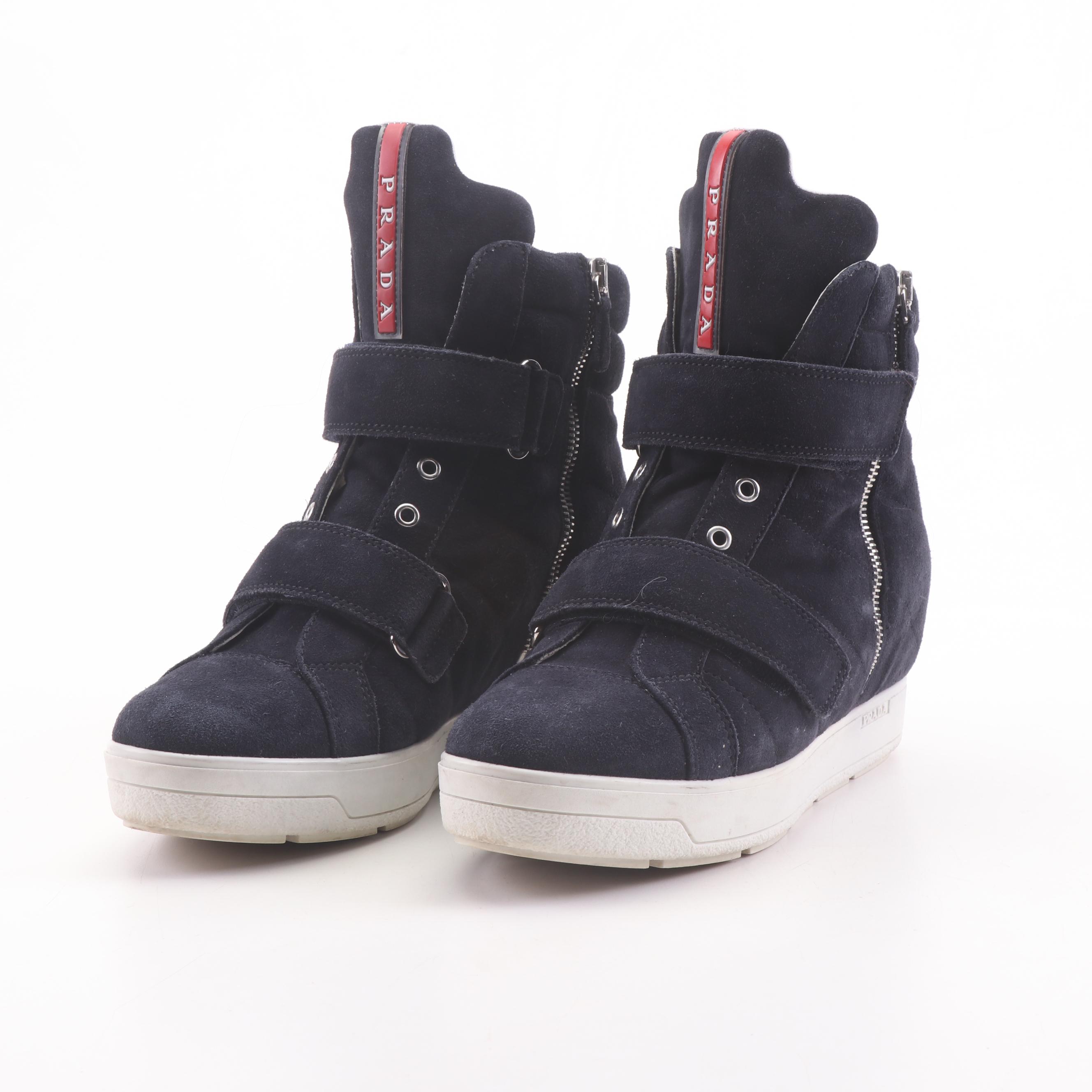 Prada Scamosciato "Calzature Donna" Dark Navy Suede High Top Sneakers