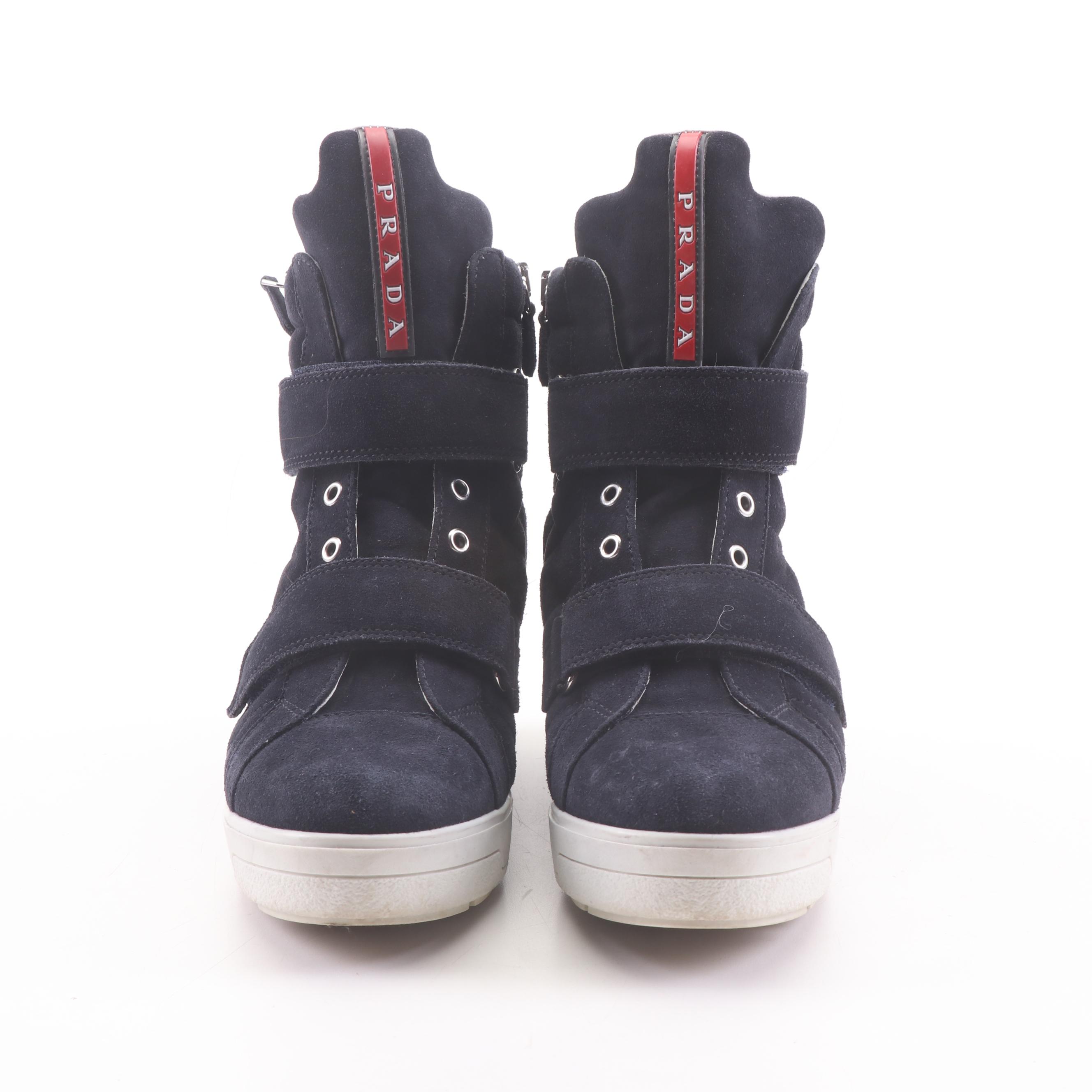 Prada Scamosciato "Calzature Donna" Dark Navy Suede High Top Sneakers