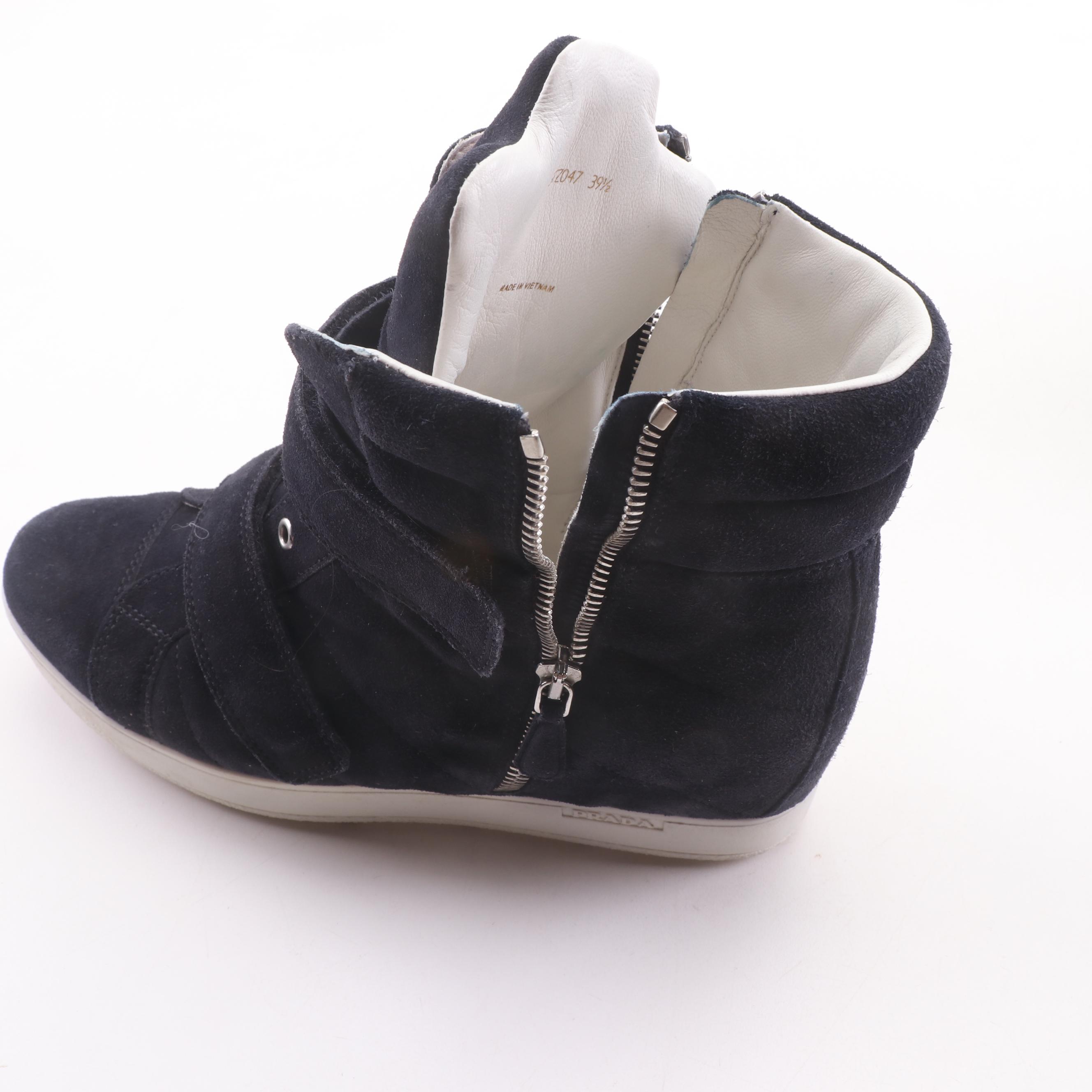 Prada Scamosciato "Calzature Donna" Dark Navy Suede High Top Sneakers