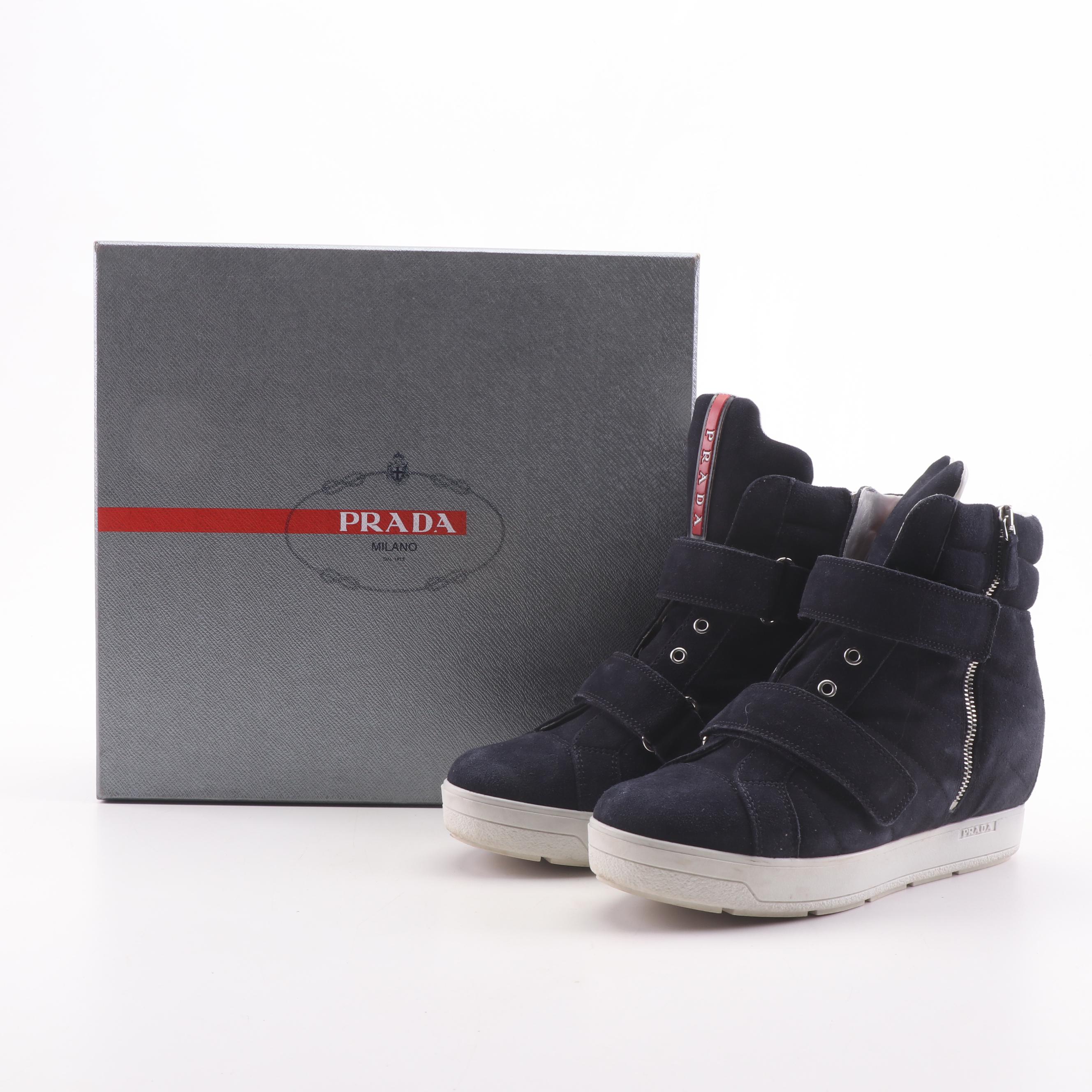 Prada Scamosciato "Calzature Donna" Dark Navy Suede High Top Sneakers