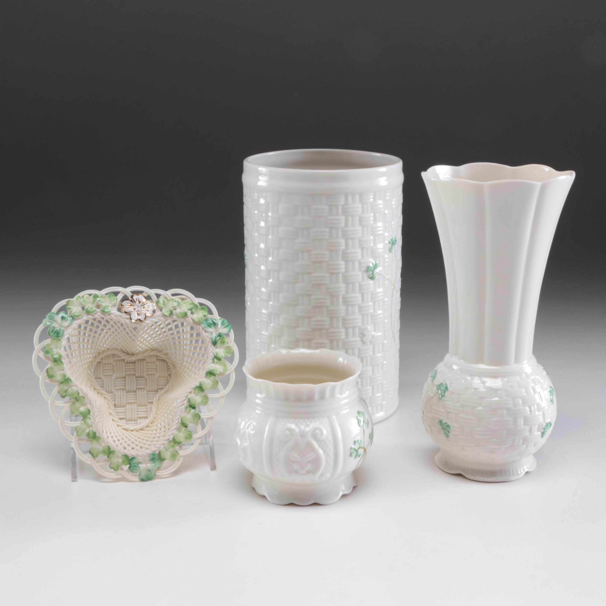 Belleek Porcelain Vases and Woven Basket, Mid to Late 20th Century