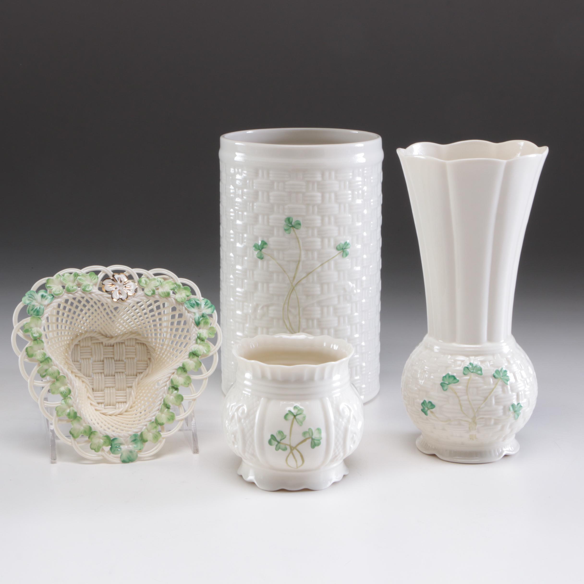 Belleek Porcelain Vases and Woven Basket, Mid to Late 20th Century