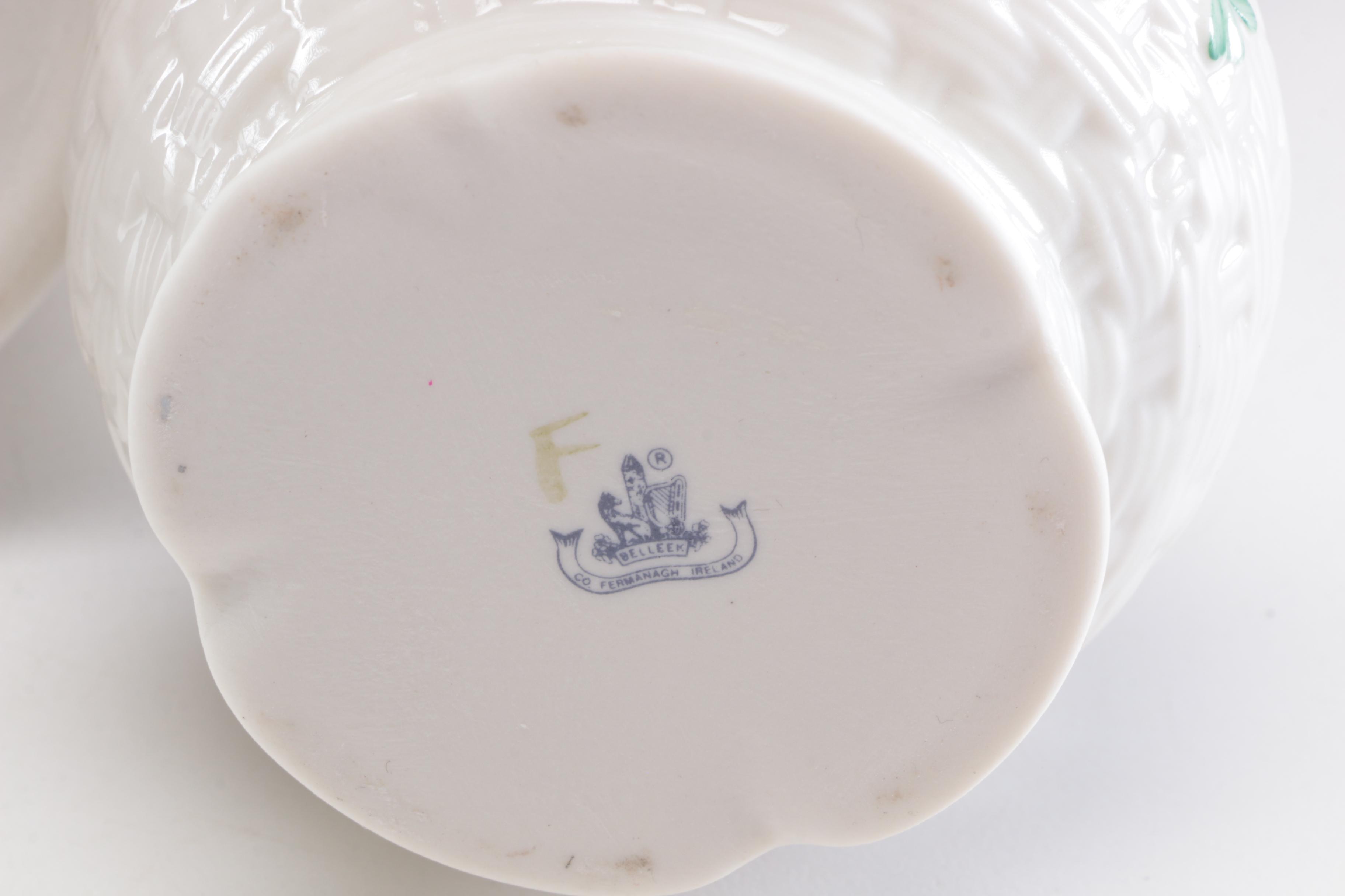 Belleek Porcelain Vases and Woven Basket, Mid to Late 20th Century