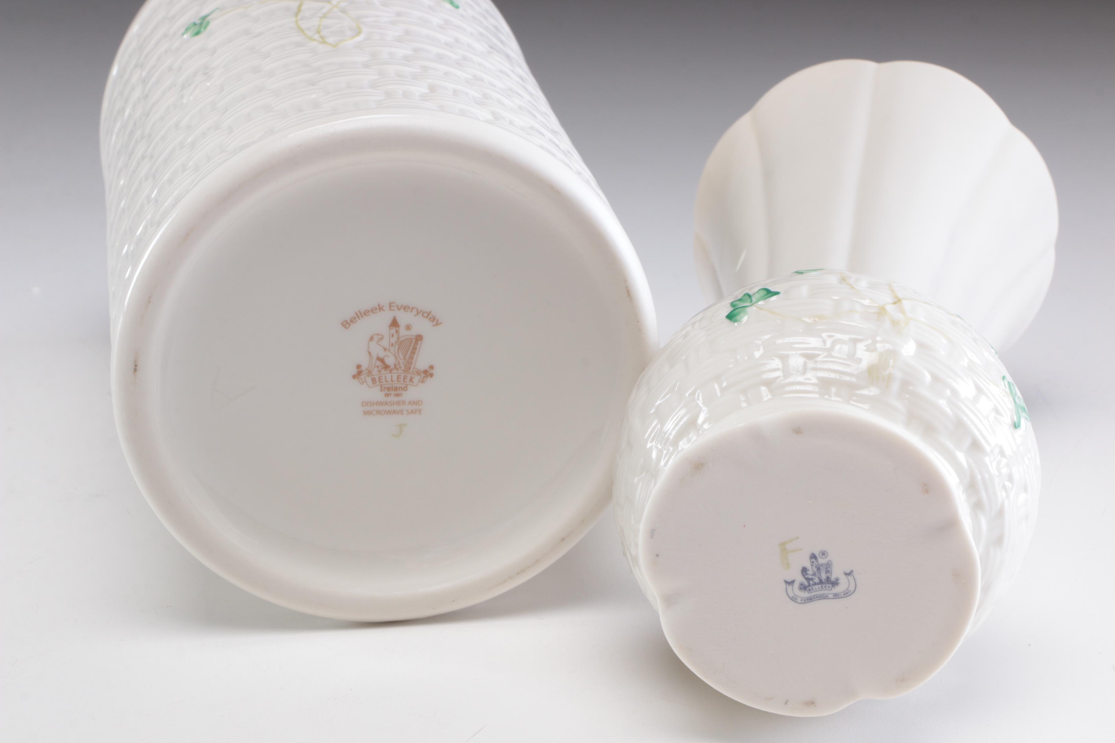 Belleek Porcelain Vases and Woven Basket, Mid to Late 20th Century