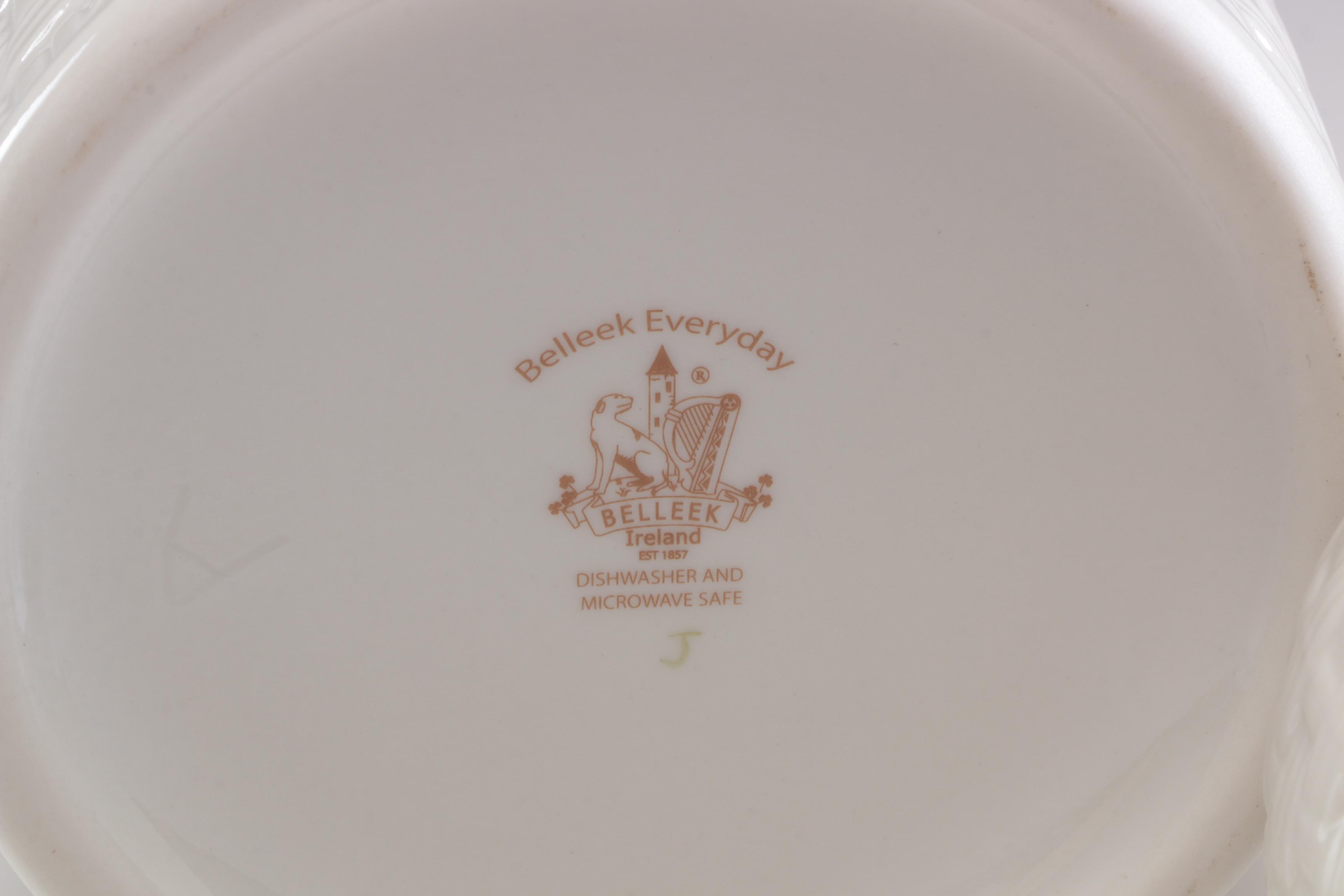 Belleek Porcelain Vases and Woven Basket, Mid to Late 20th Century