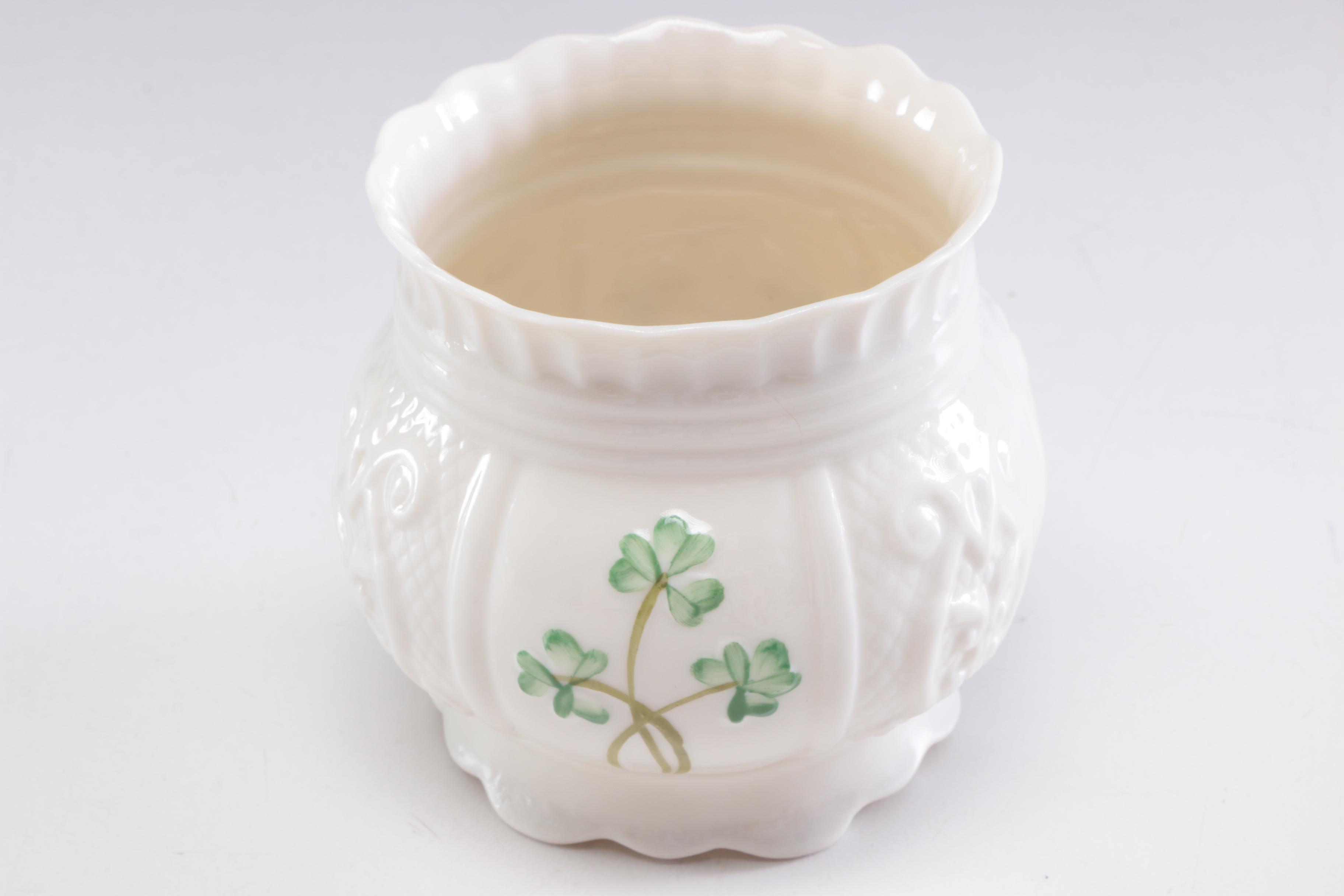 Belleek Porcelain Vases and Woven Basket, Mid to Late 20th Century