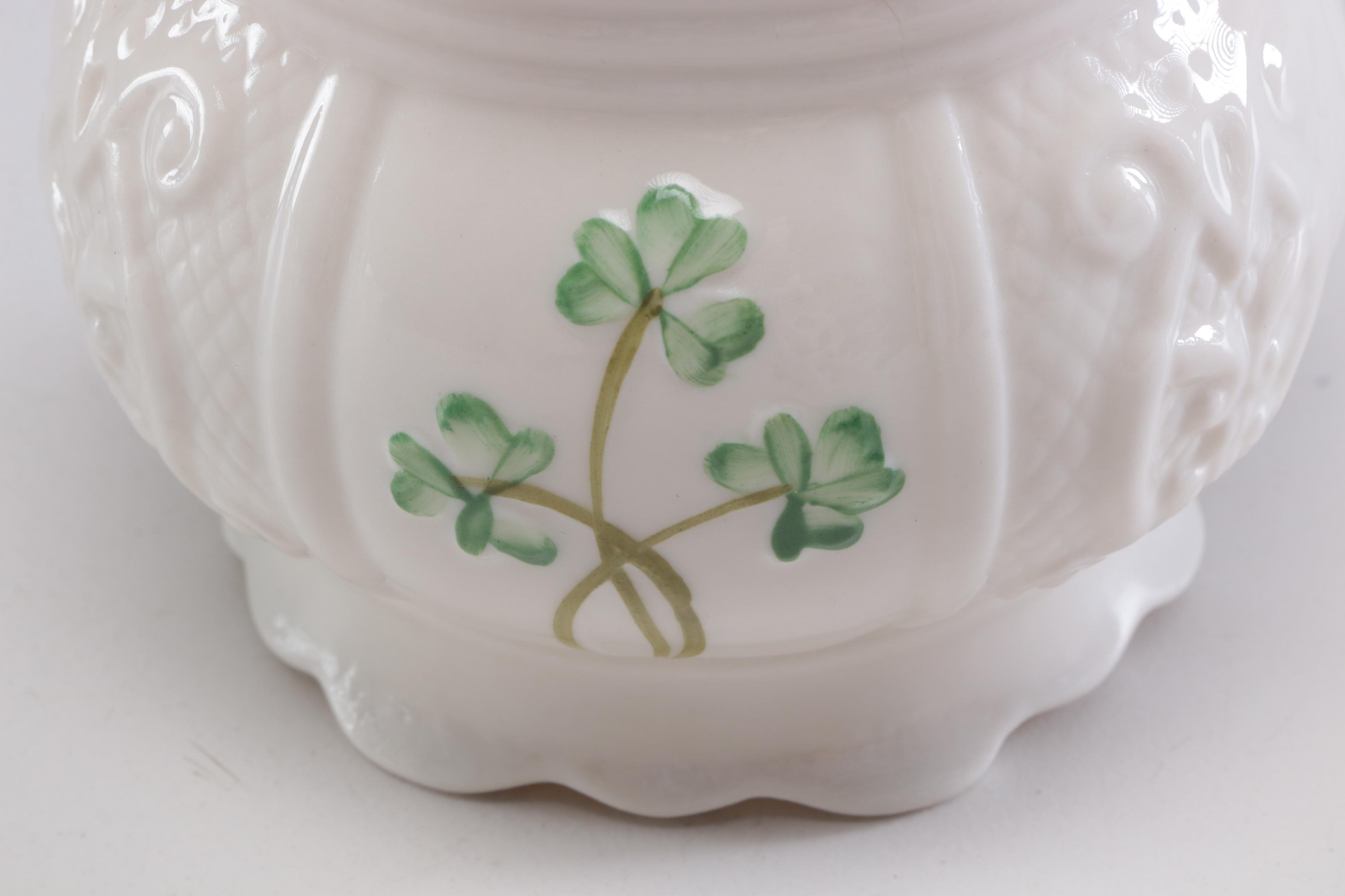 Belleek Porcelain Vases and Woven Basket, Mid to Late 20th Century