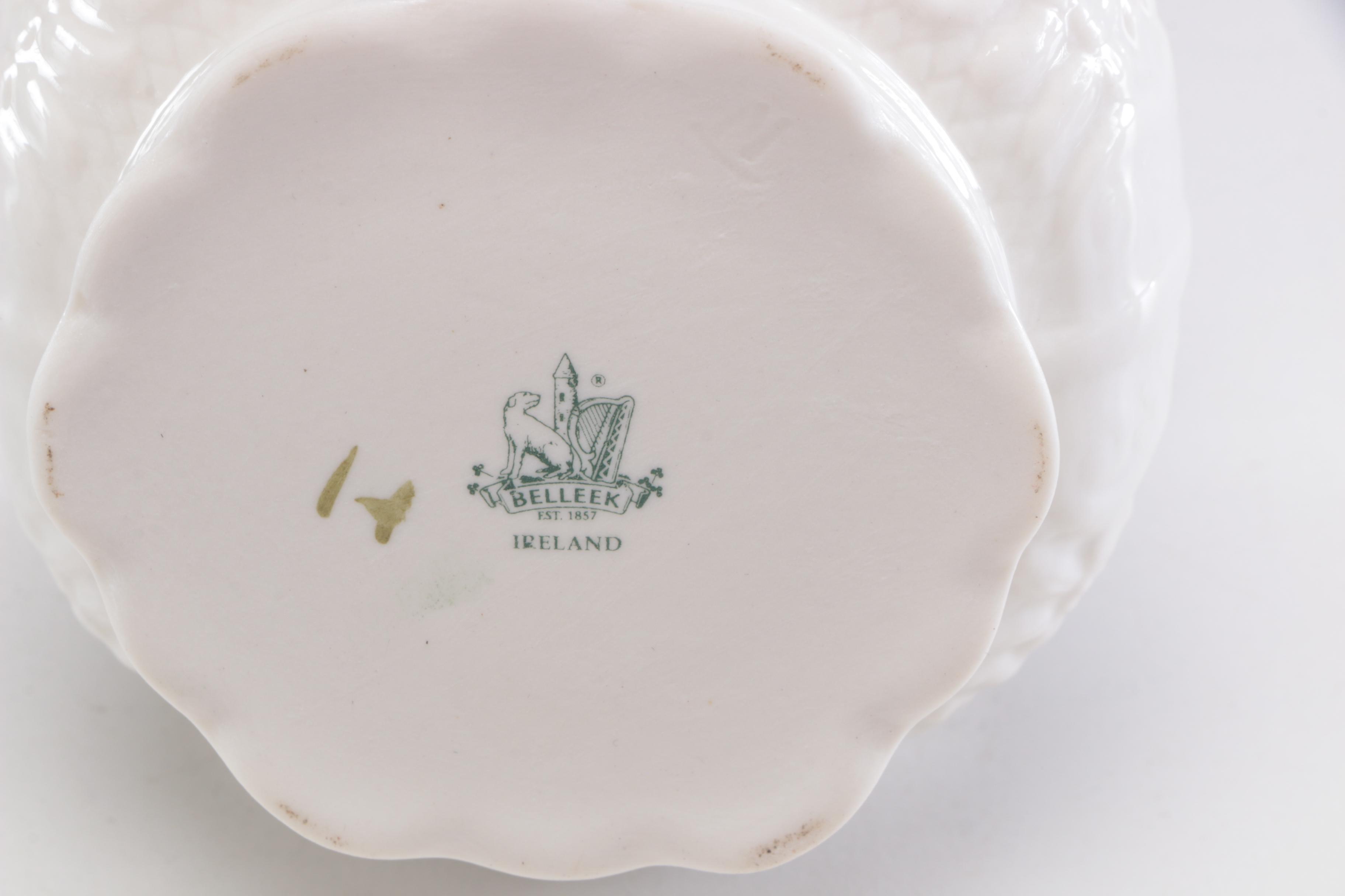 Belleek Porcelain Vases and Woven Basket, Mid to Late 20th Century