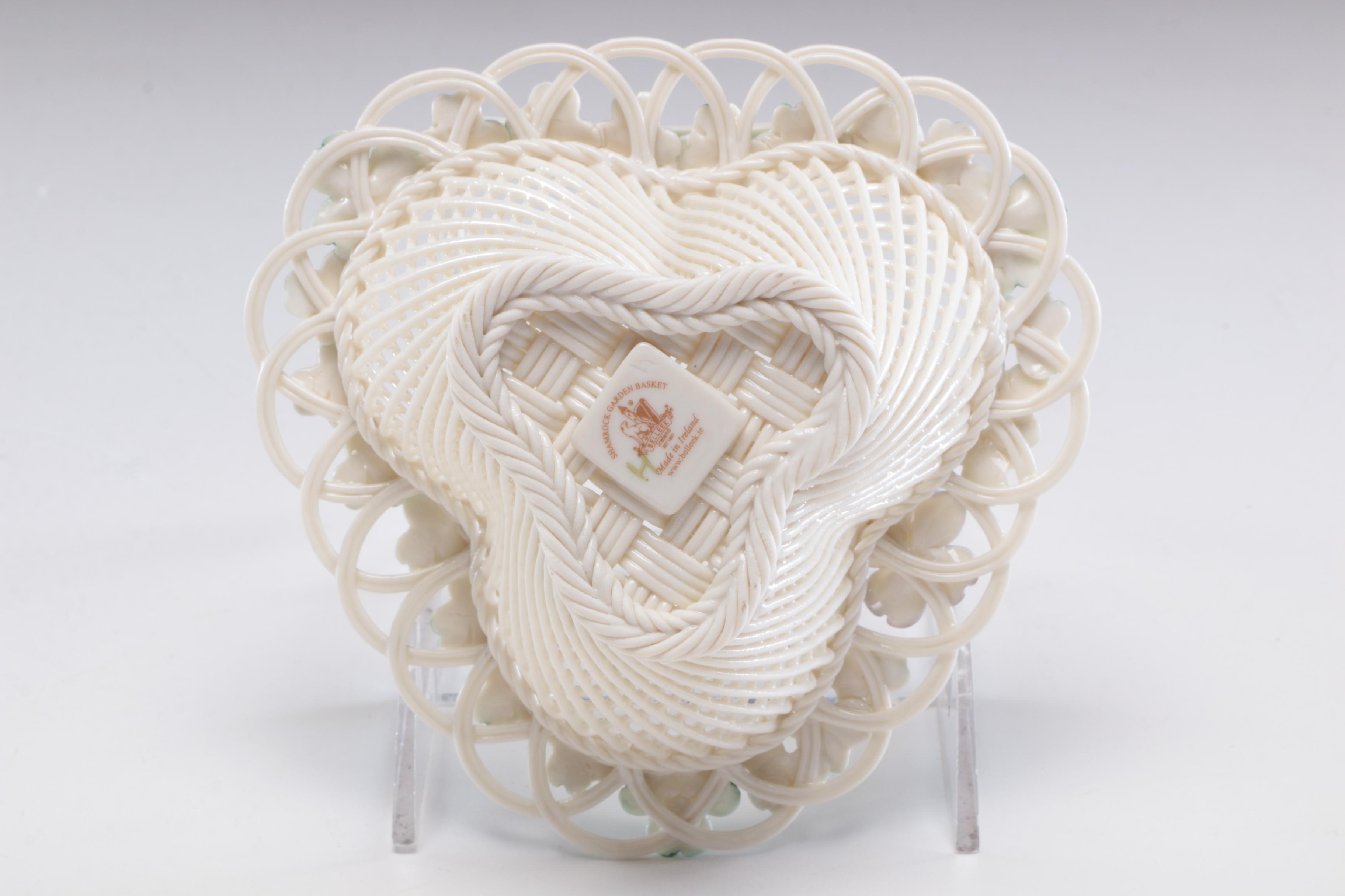 Belleek Porcelain Vases and Woven Basket, Mid to Late 20th Century