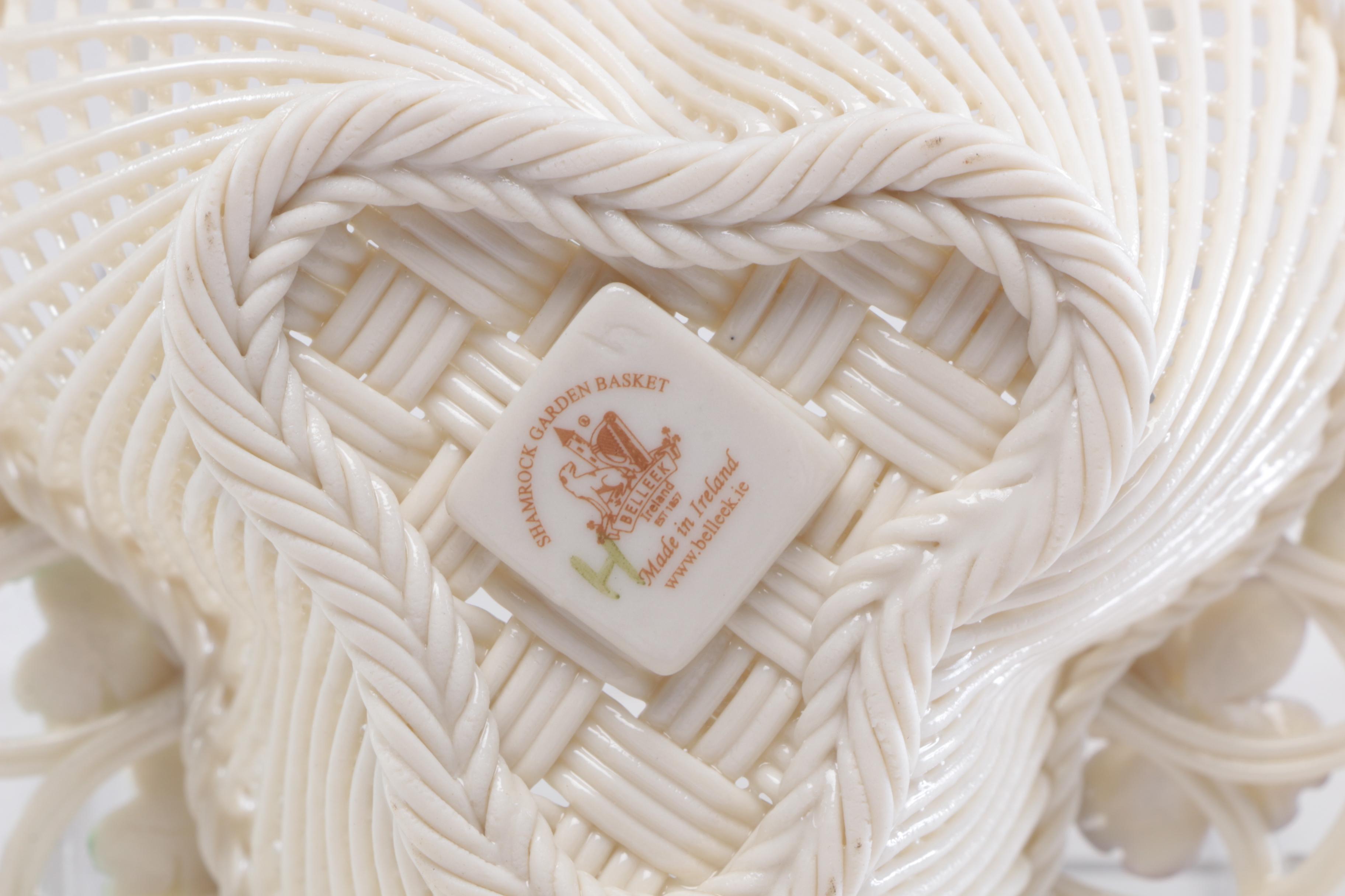 Belleek Porcelain Vases and Woven Basket, Mid to Late 20th Century