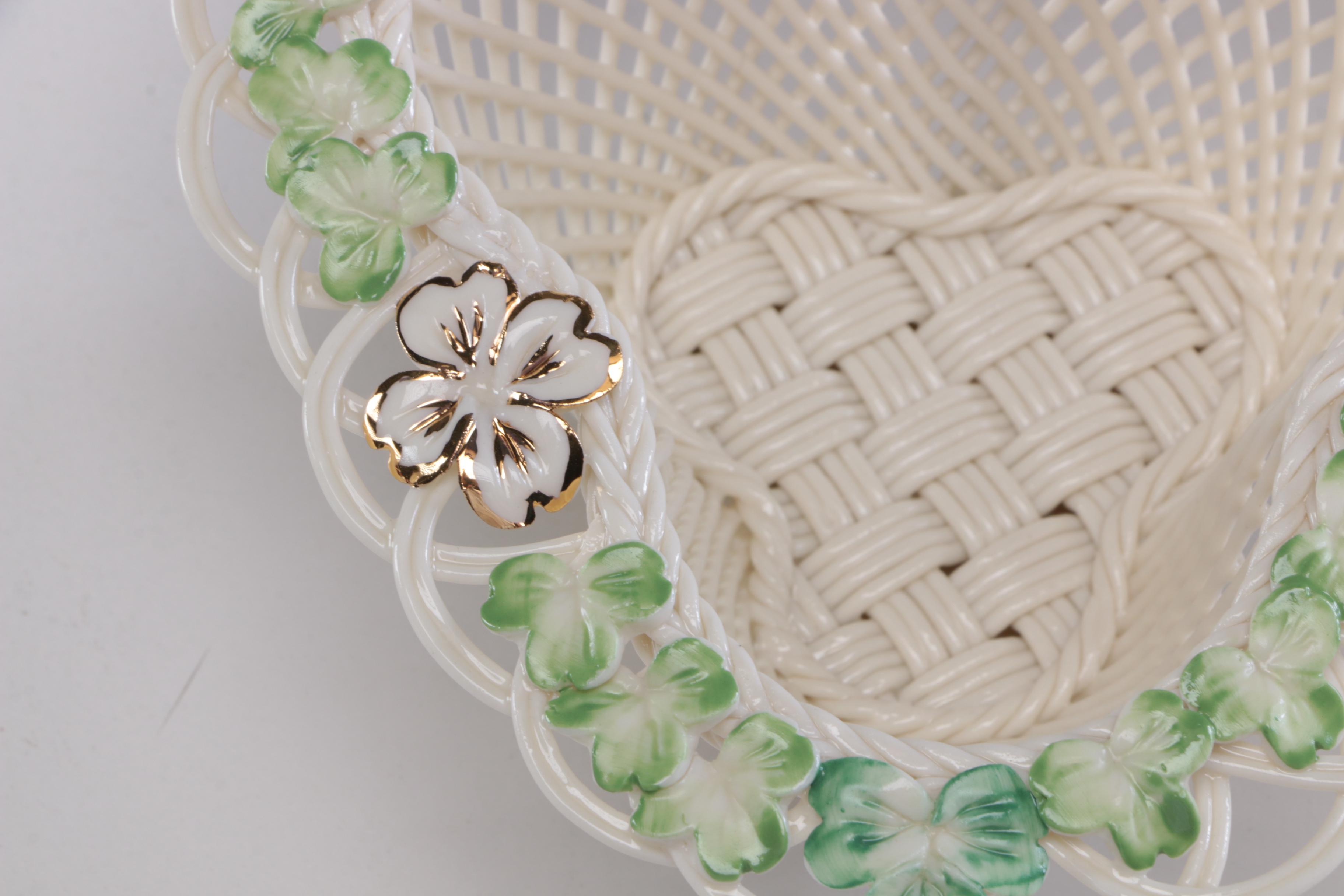 Belleek Porcelain Vases and Woven Basket, Mid to Late 20th Century