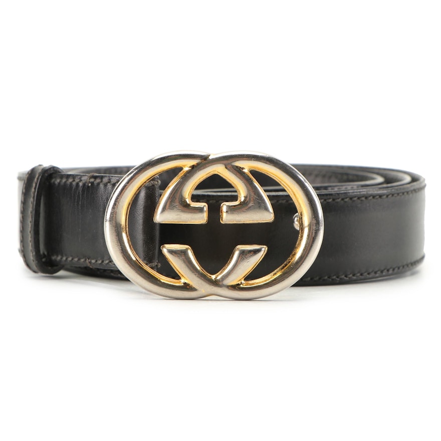 Gucci Black Leather Belt with GG Buckle, 1970s-80s Vintage