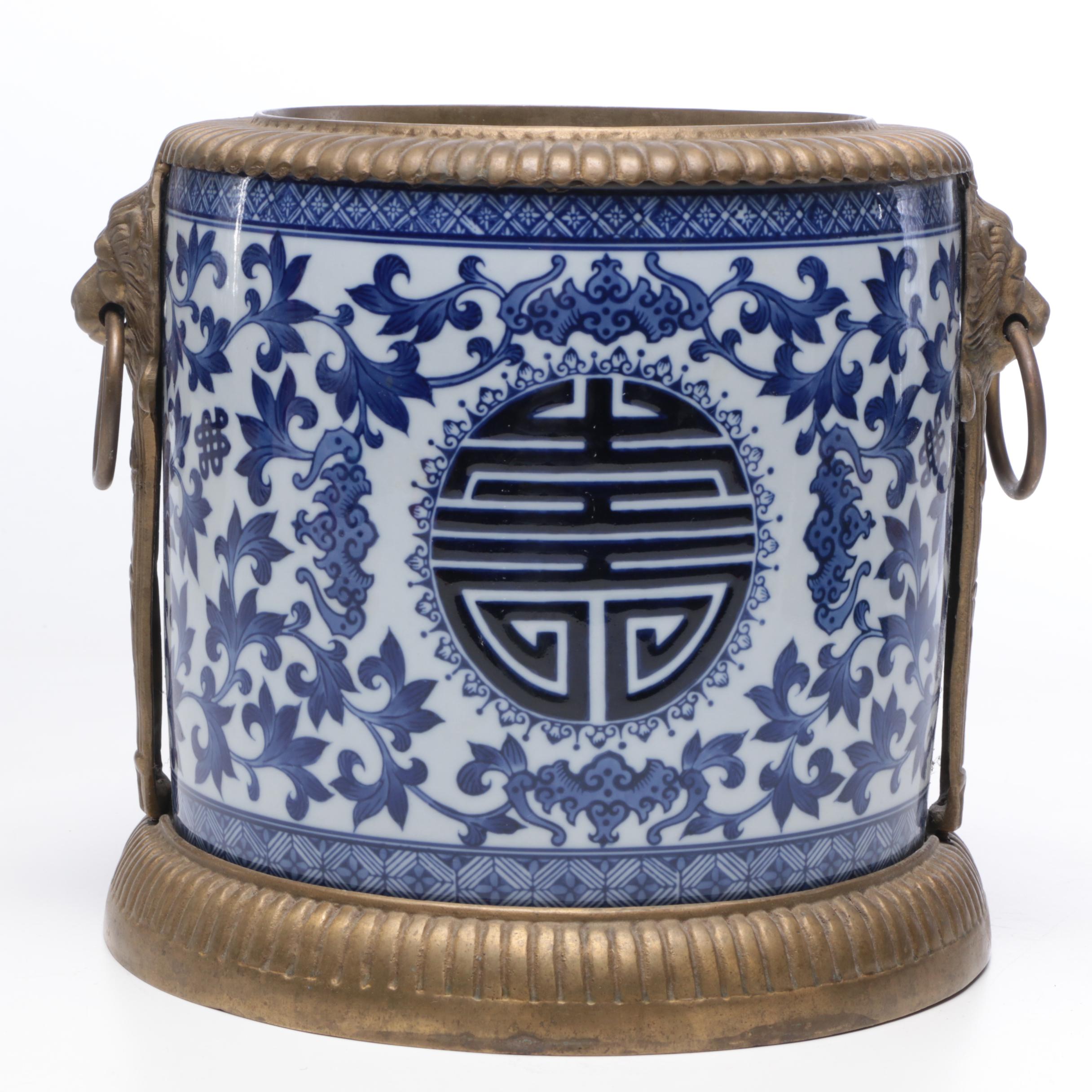 Chinese Porcelain Planter with Brass Lion Head Handles
