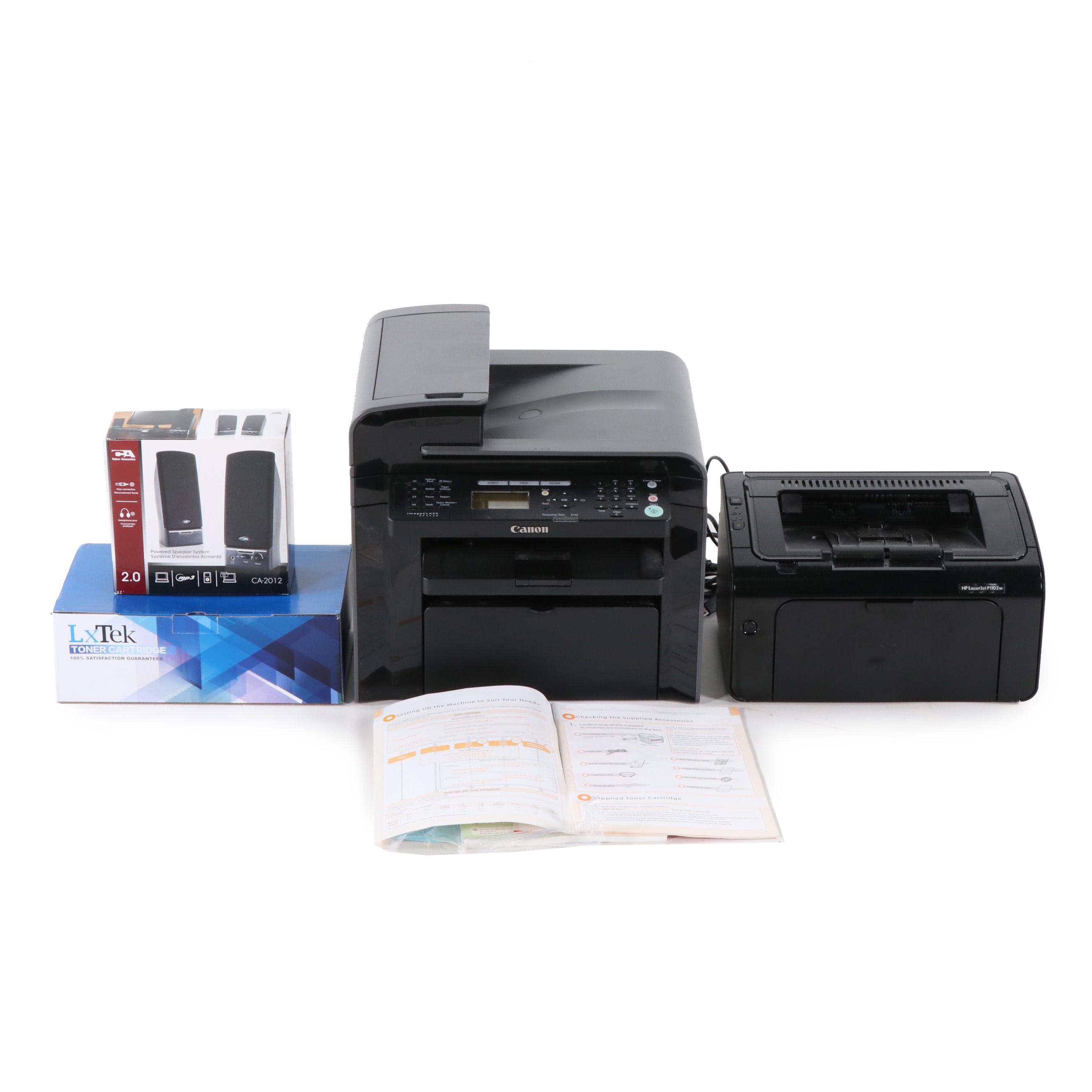 Canon All In One Printer,  HP LaserJet Printer and Cyber Acoustics Speakers