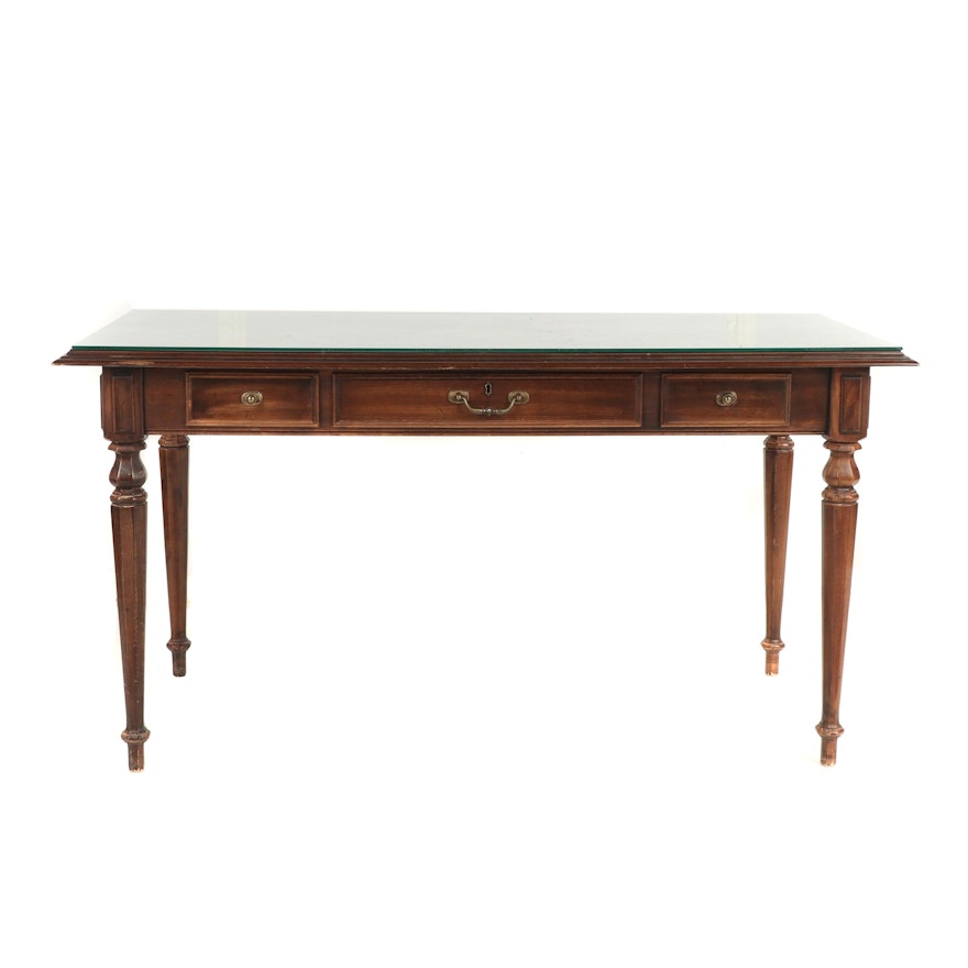 Ethan Allen Walnut Finish Writing Table with Glass Top, Late 20th Century