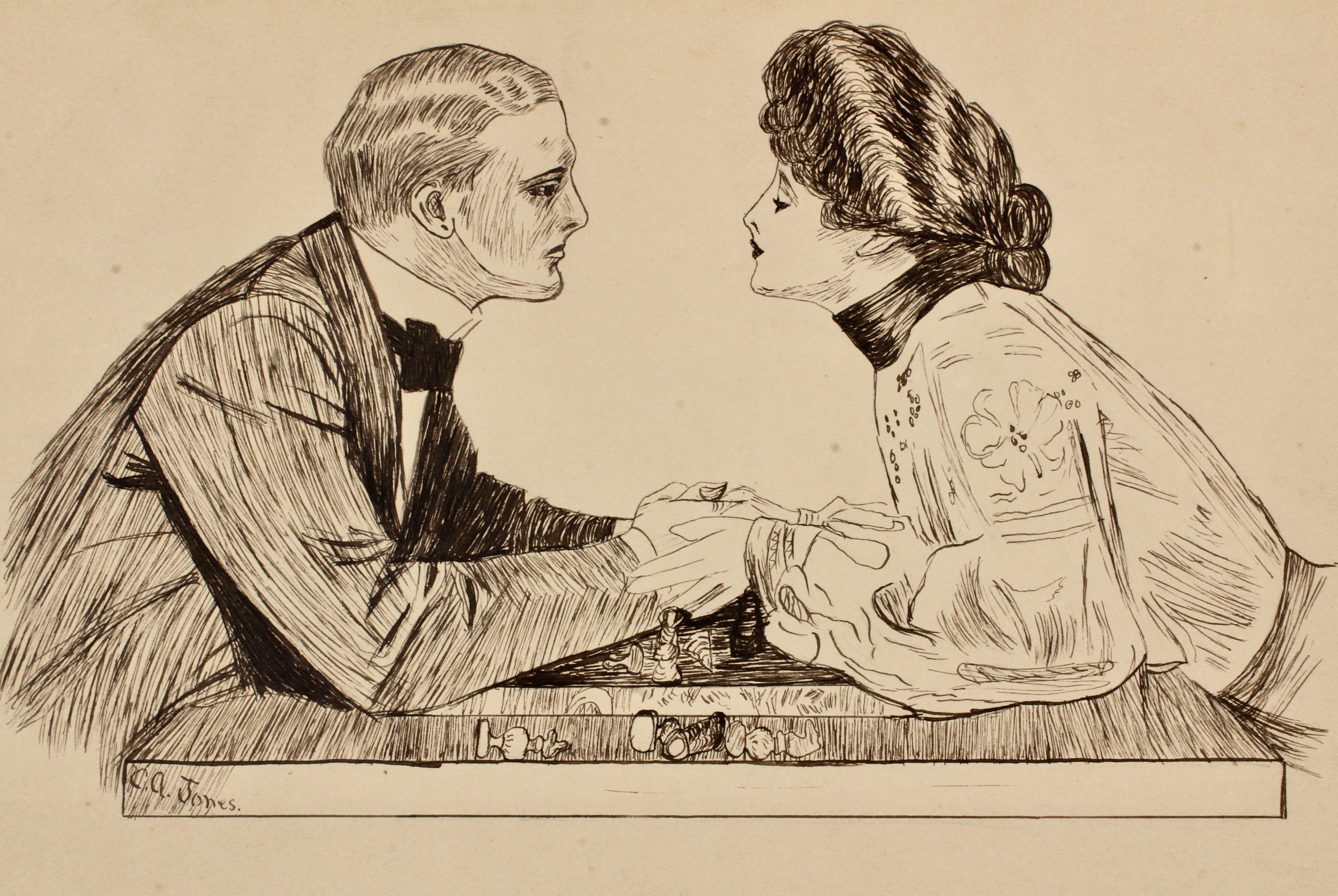 C. A. Jones Pen and Ink Drawing of Couple