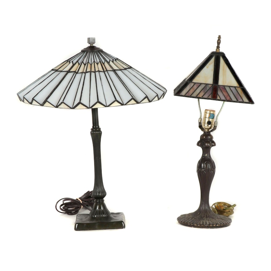 Cast Metal Table Lamps with Slag Glass Shades