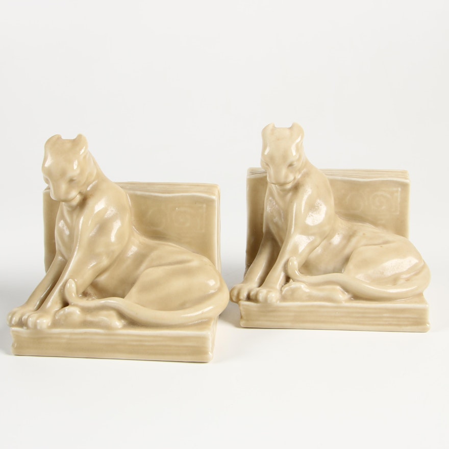 Rookwood Pottery Cream Panther Bookends after William McDonald, 1944
