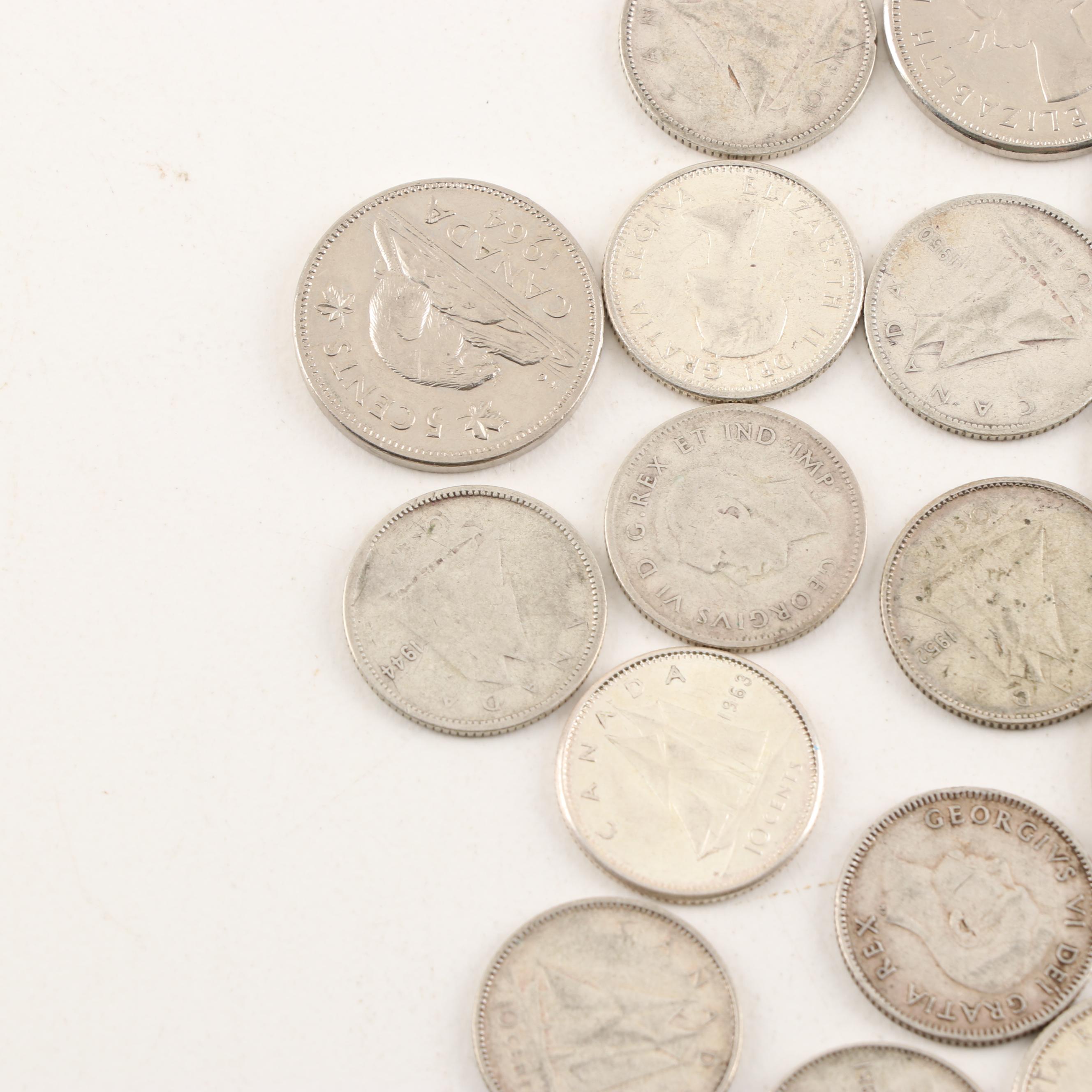 29 Canadian Five Cent and Silver Ten Cent Coins