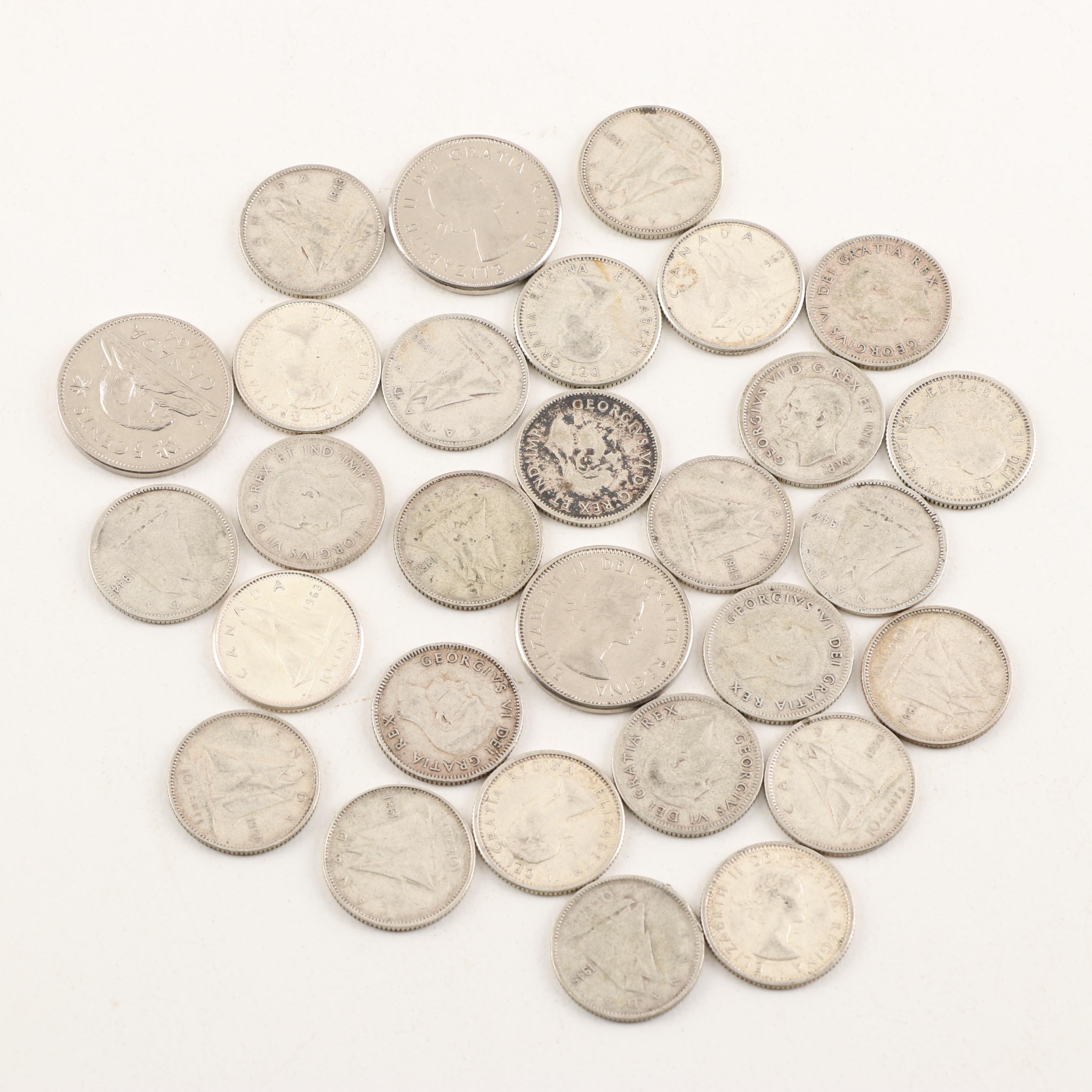 29 Canadian Five Cent and Silver Ten Cent Coins
