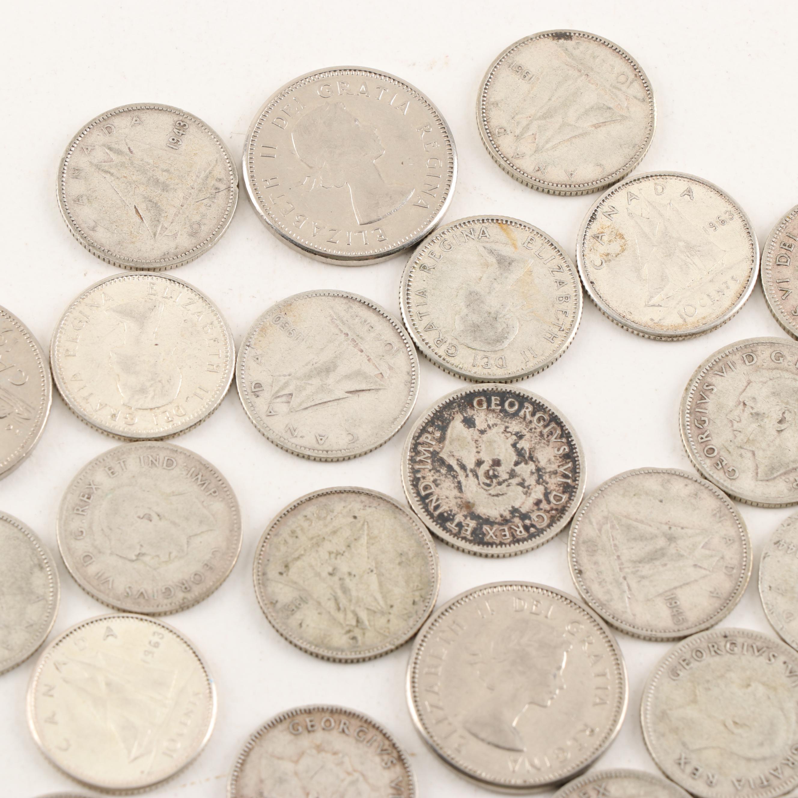 29 Canadian Five Cent and Silver Ten Cent Coins