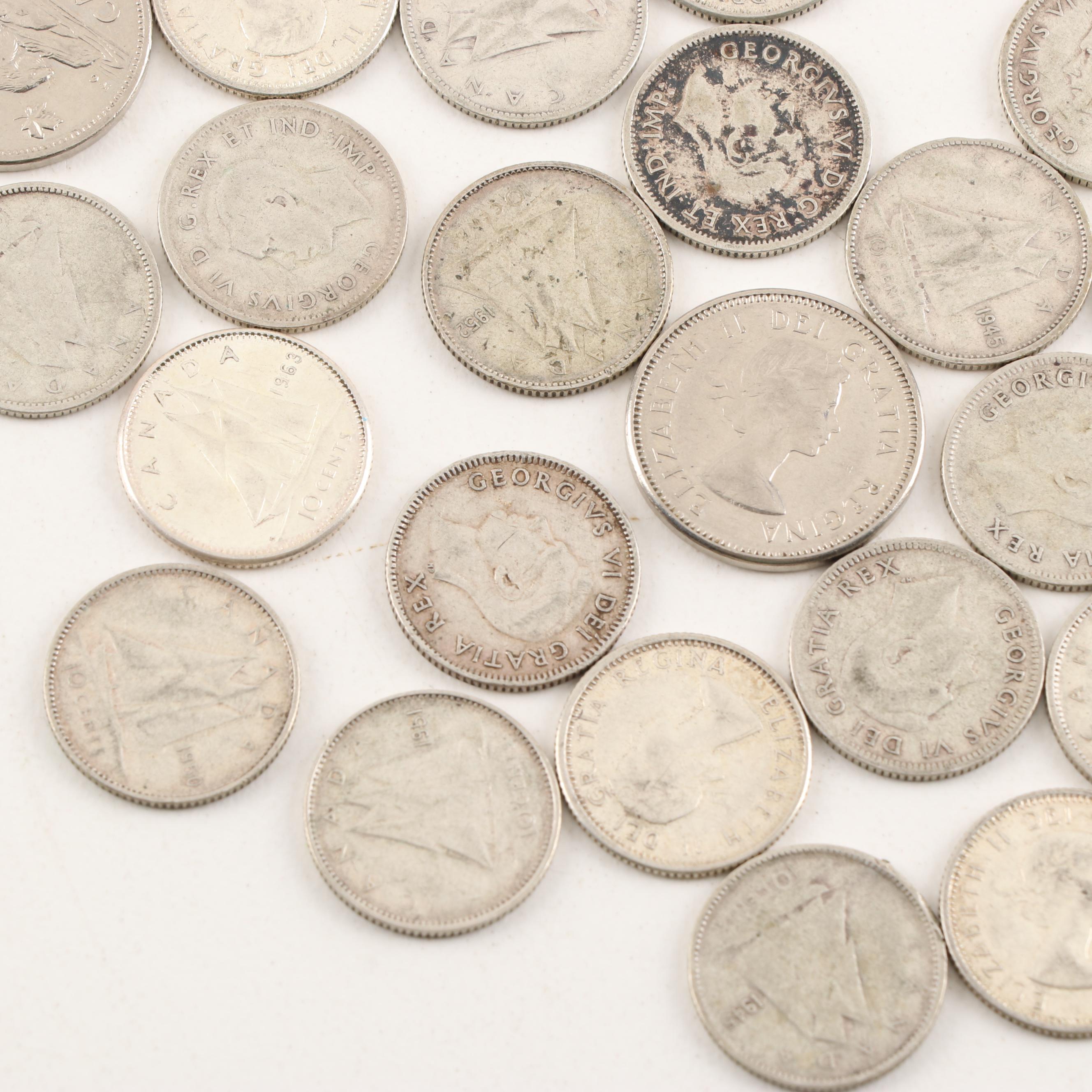 29 Canadian Five Cent and Silver Ten Cent Coins