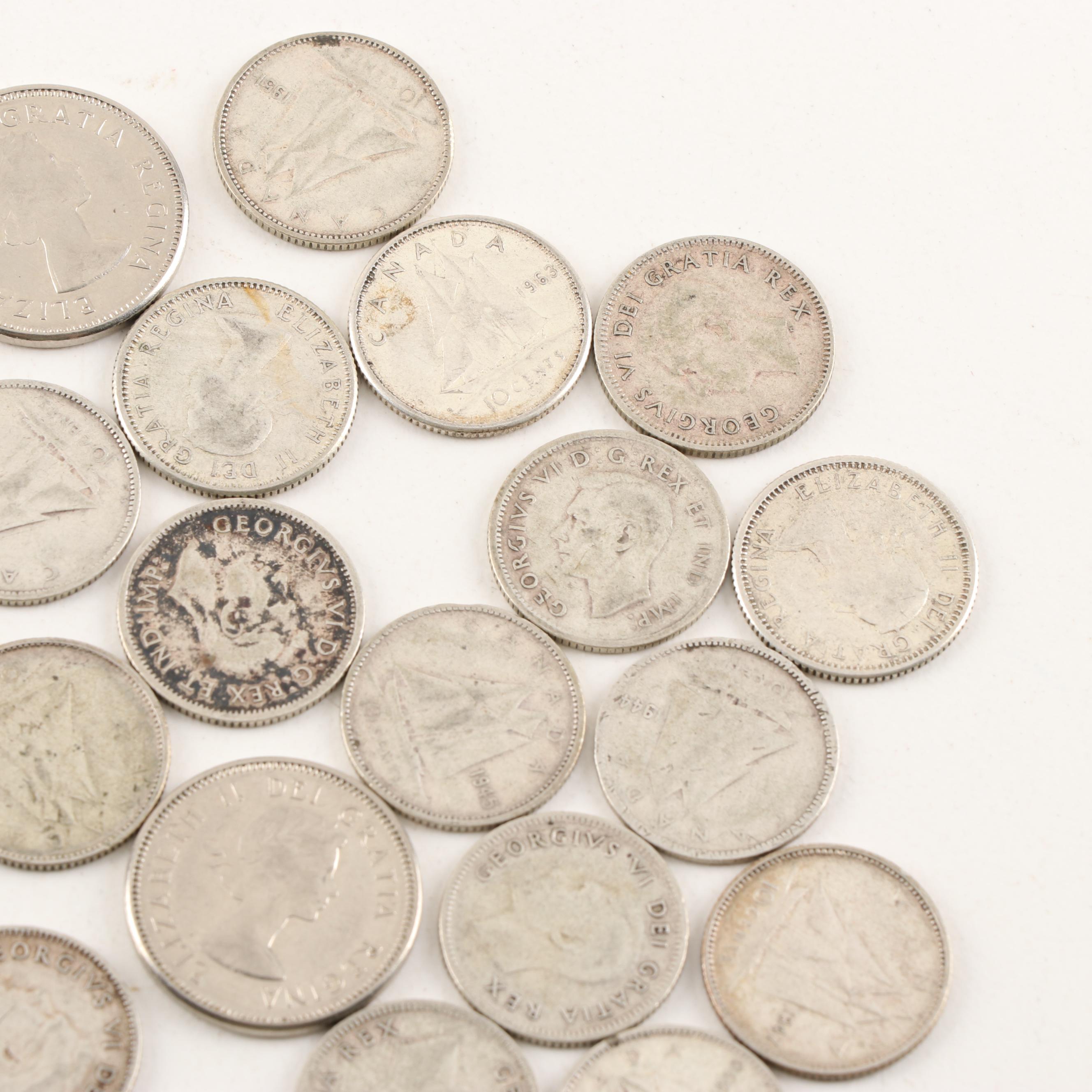 29 Canadian Five Cent and Silver Ten Cent Coins
