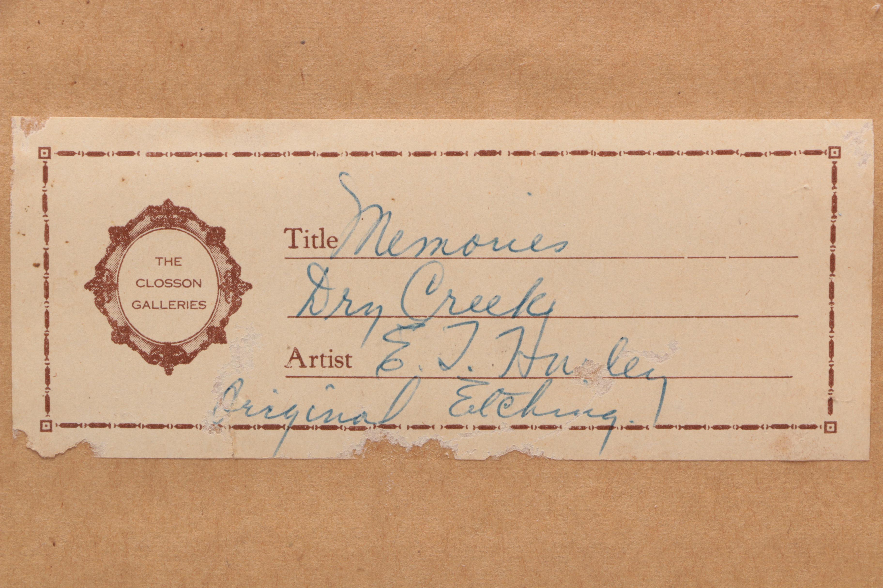 Edward Timothy Hurley Aquatint Etching "Memories, Dry Creek"