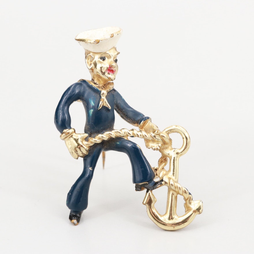 Gold Tone and Enamel Sailor Brooch