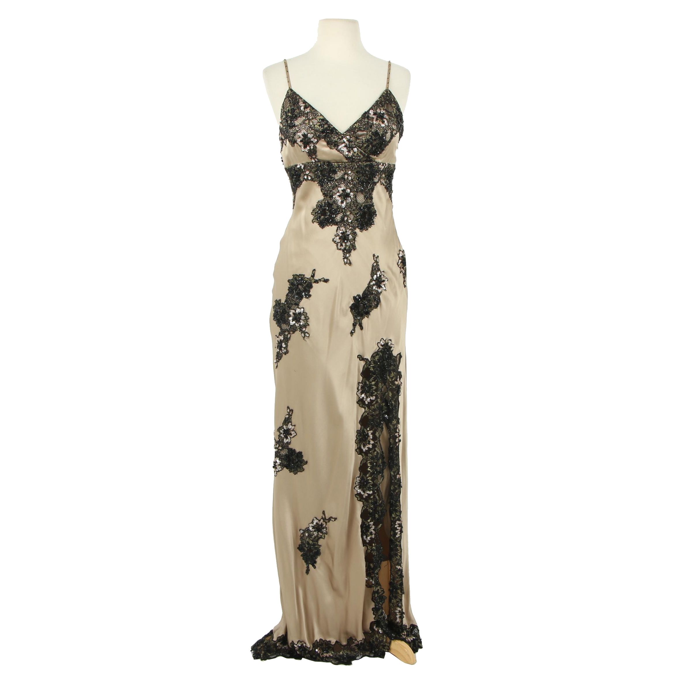 Sue Wong Nocturne Embellished Lace and Silk Sleeveless Evening Gown with Slit