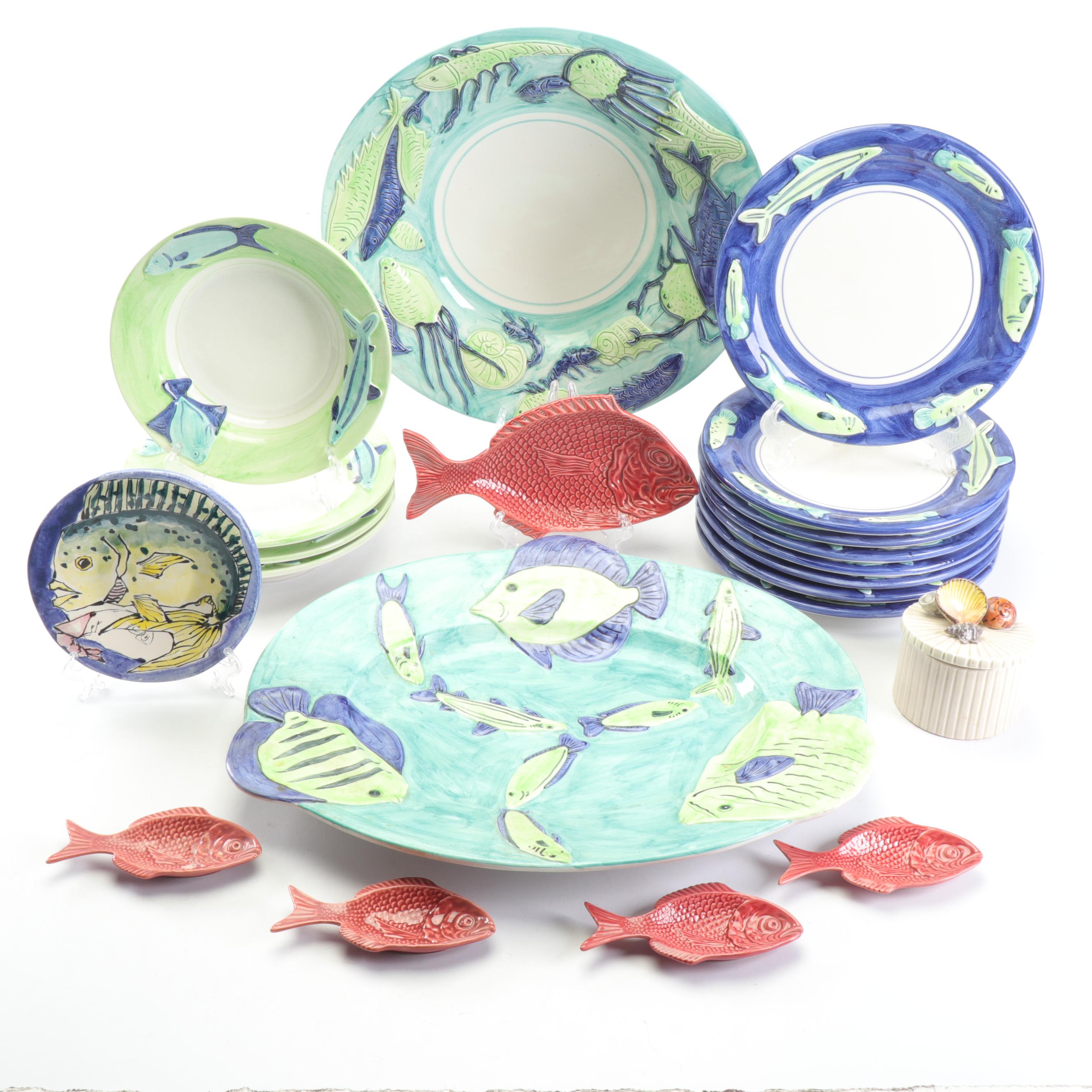Vietri Italian Fish Themed Ceramic Dinnerware and Fitz and Floyd Box